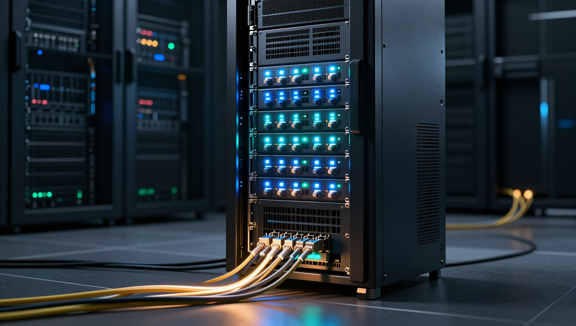 A glowing black server rack in a dark data center with ethernet cables carrying streams of light.