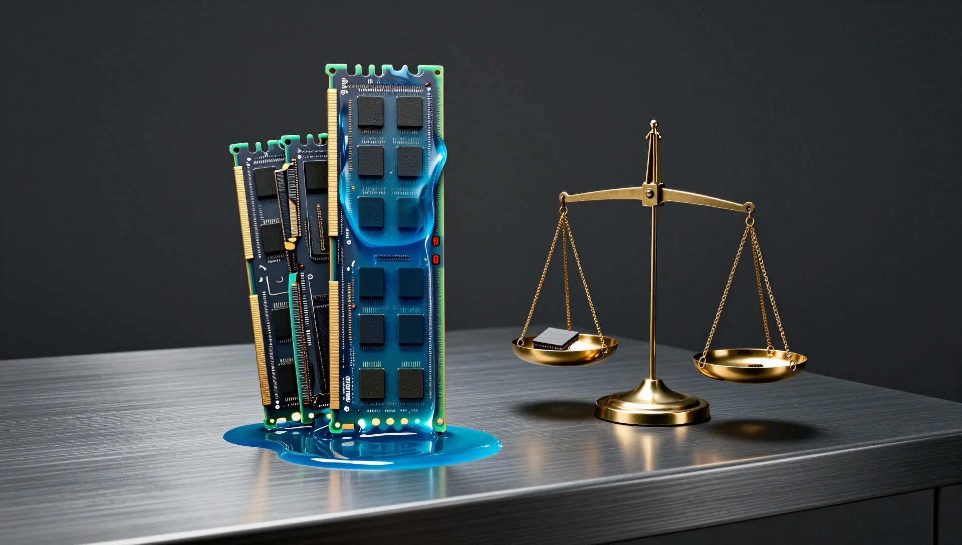 Oversized memory modules overflowing beside a balance scale measuring a correctly sized RAM chip.