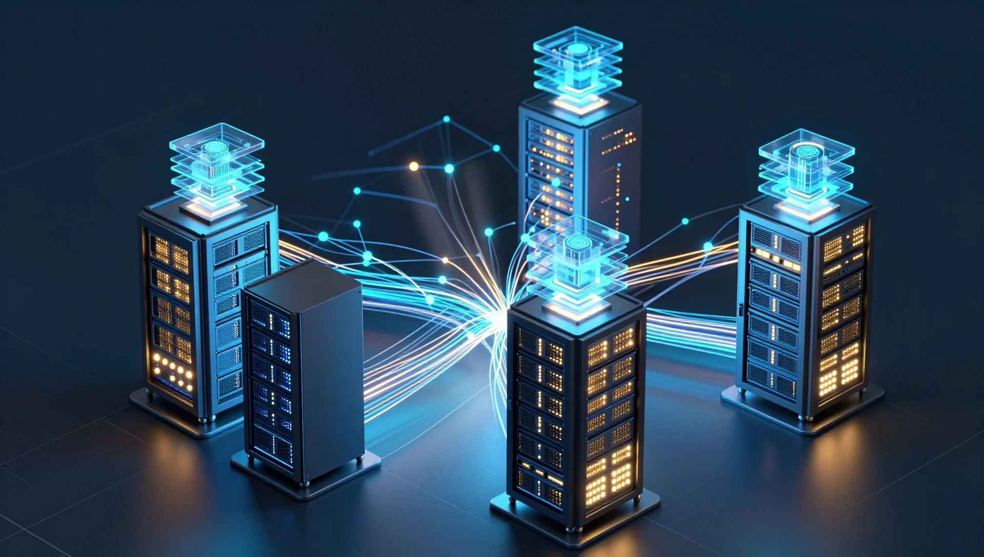 Three interconnected server nodes forming a glowing software-defined datacenter cluster with holographic network layers