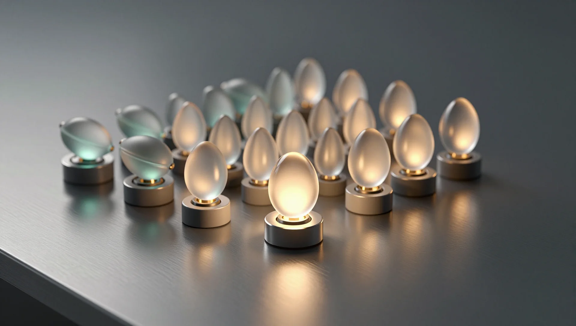 A glowing glass seed pod replicating into many identical pods on a metal bench, symbolizing fast container cloning.