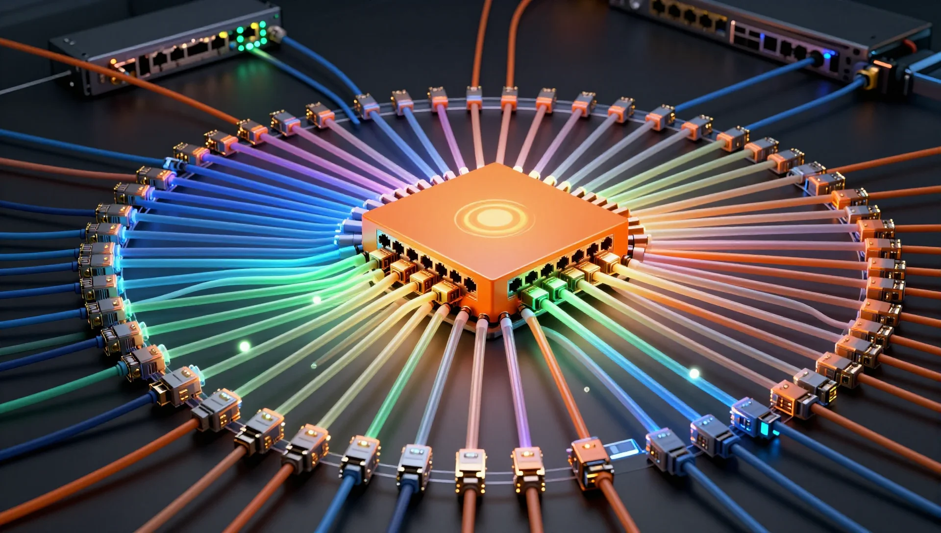 Network bridge hub with color-coded VLAN segments and isolated traffic paths