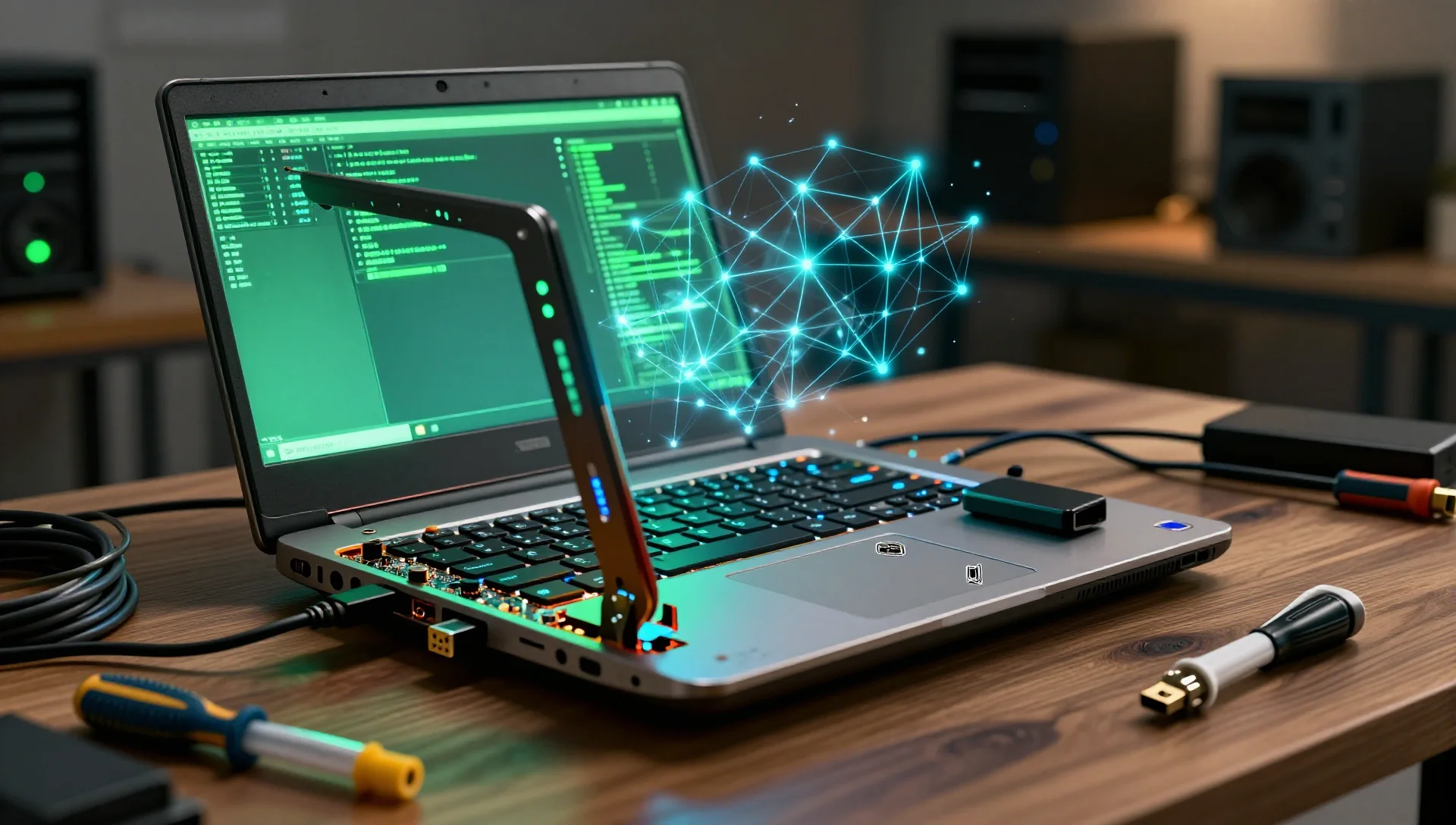 Old laptop converted into a glowing home server on a workbench with ethernet cables.