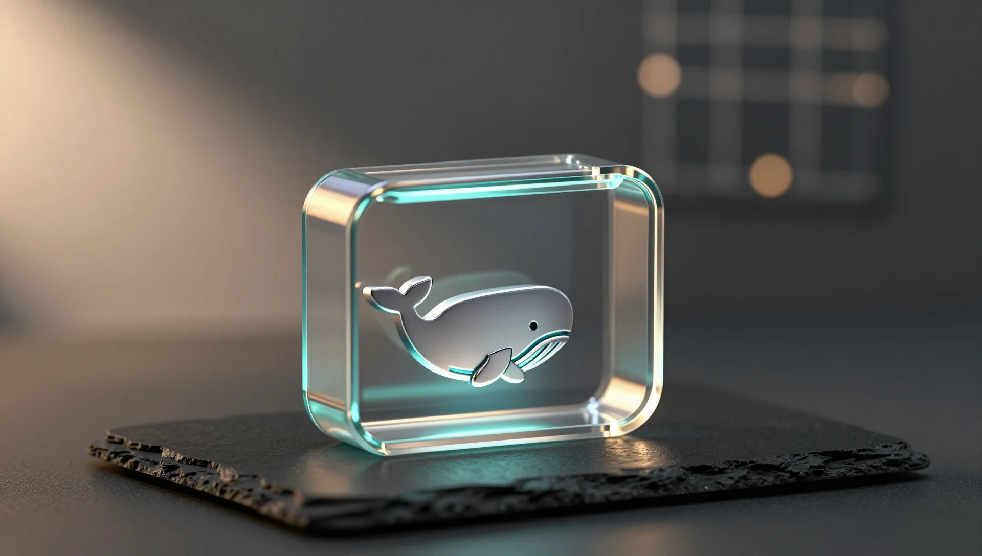 A glass capsule representing LXC containing a small aluminum Docker whale on slate with warm light