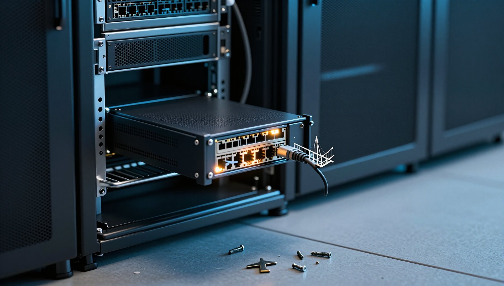 Server rack with half-installed host chassis, dangling cable, and amber rollback light in dark data center.