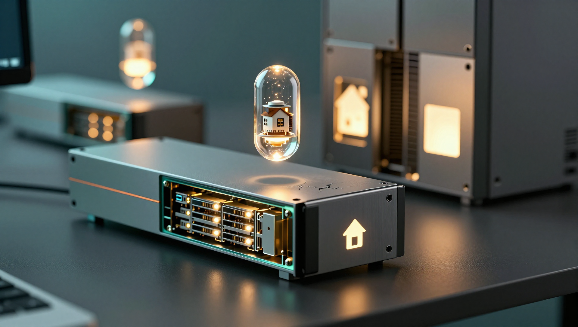 A glowing server node beside a glass capsule holding a miniature smart home, with a mirrored backup behind it.