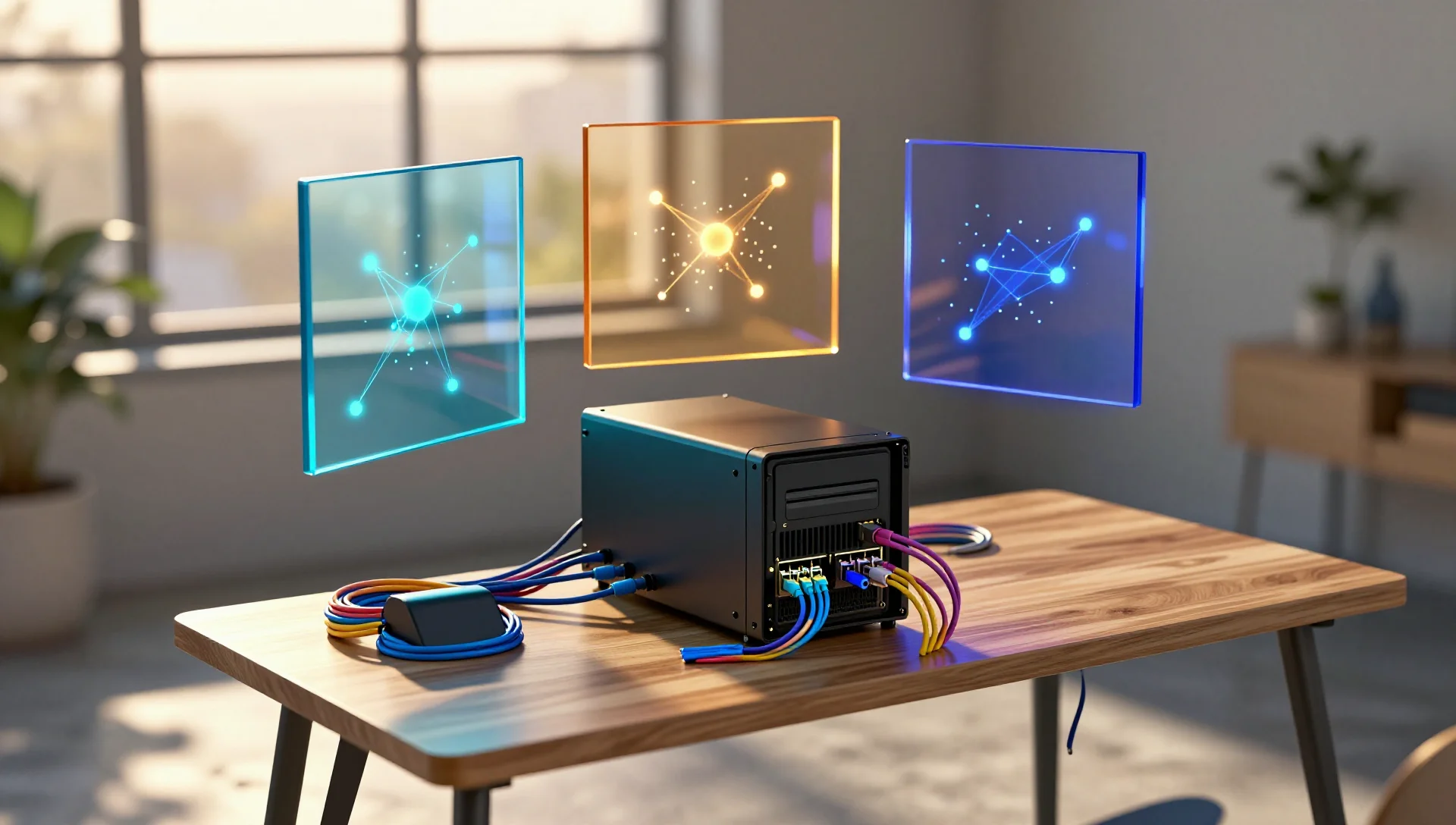 Server on desk with floating colored glass panels and colorful cables in warm golden light
