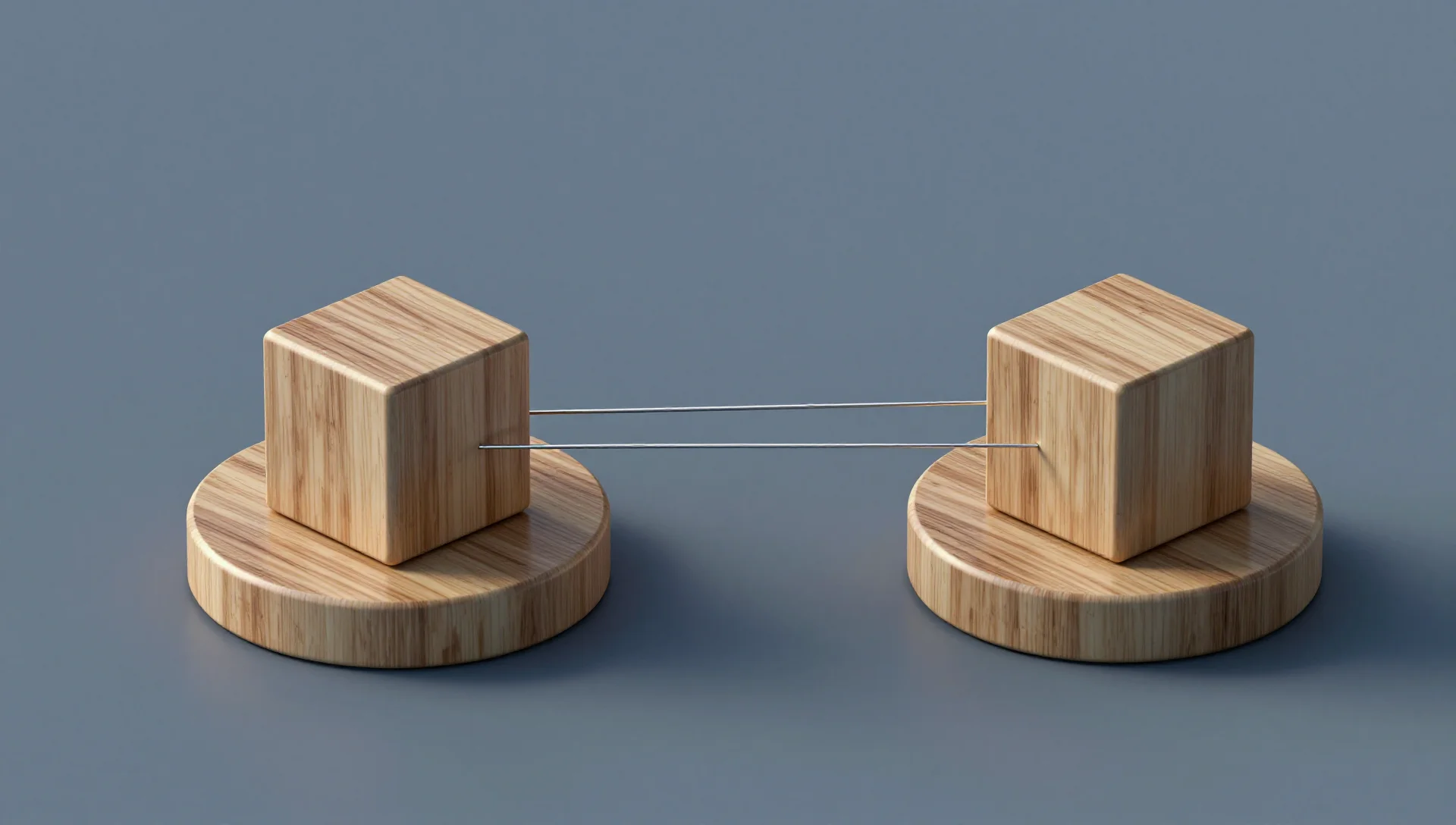 Two wooden blocks floating side by side connected by glowing threads representing a clustered Proxmox setup
