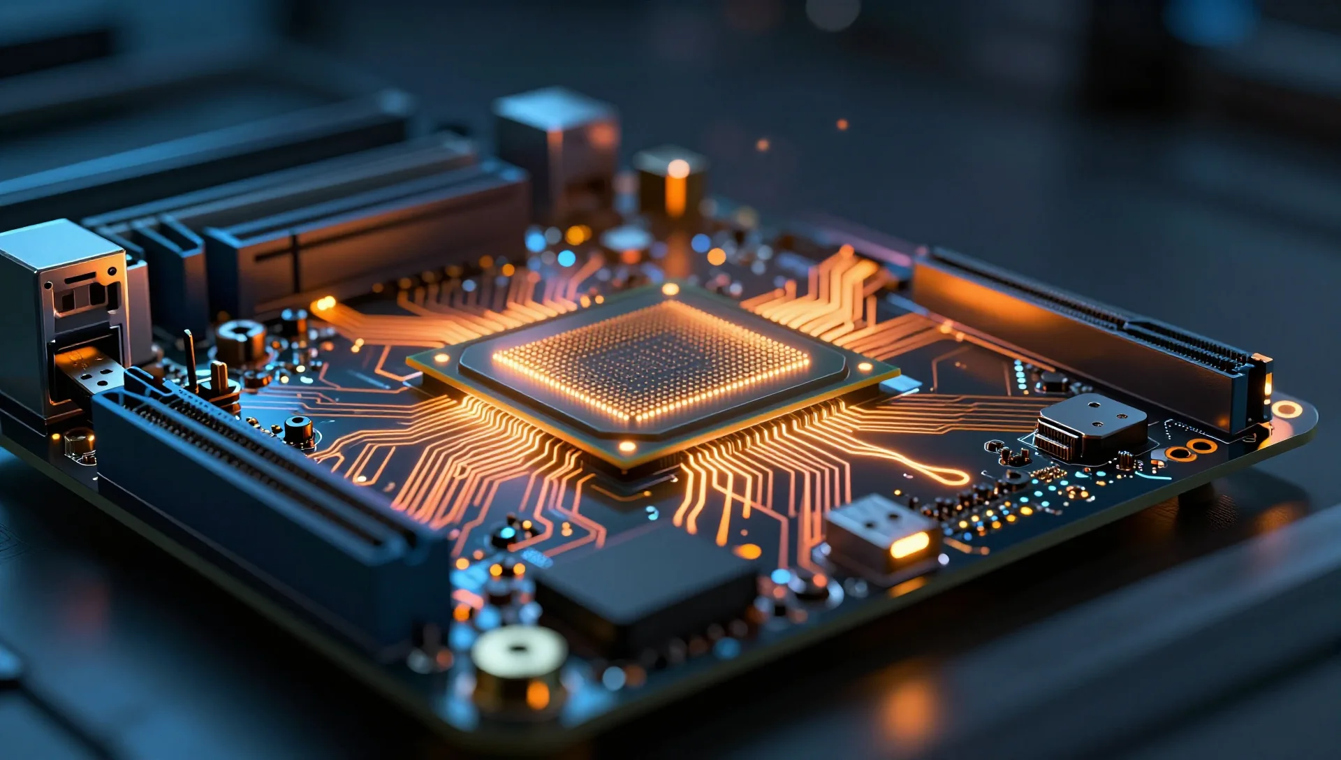 Server motherboard with glowing orange circuit traces during bare metal installation