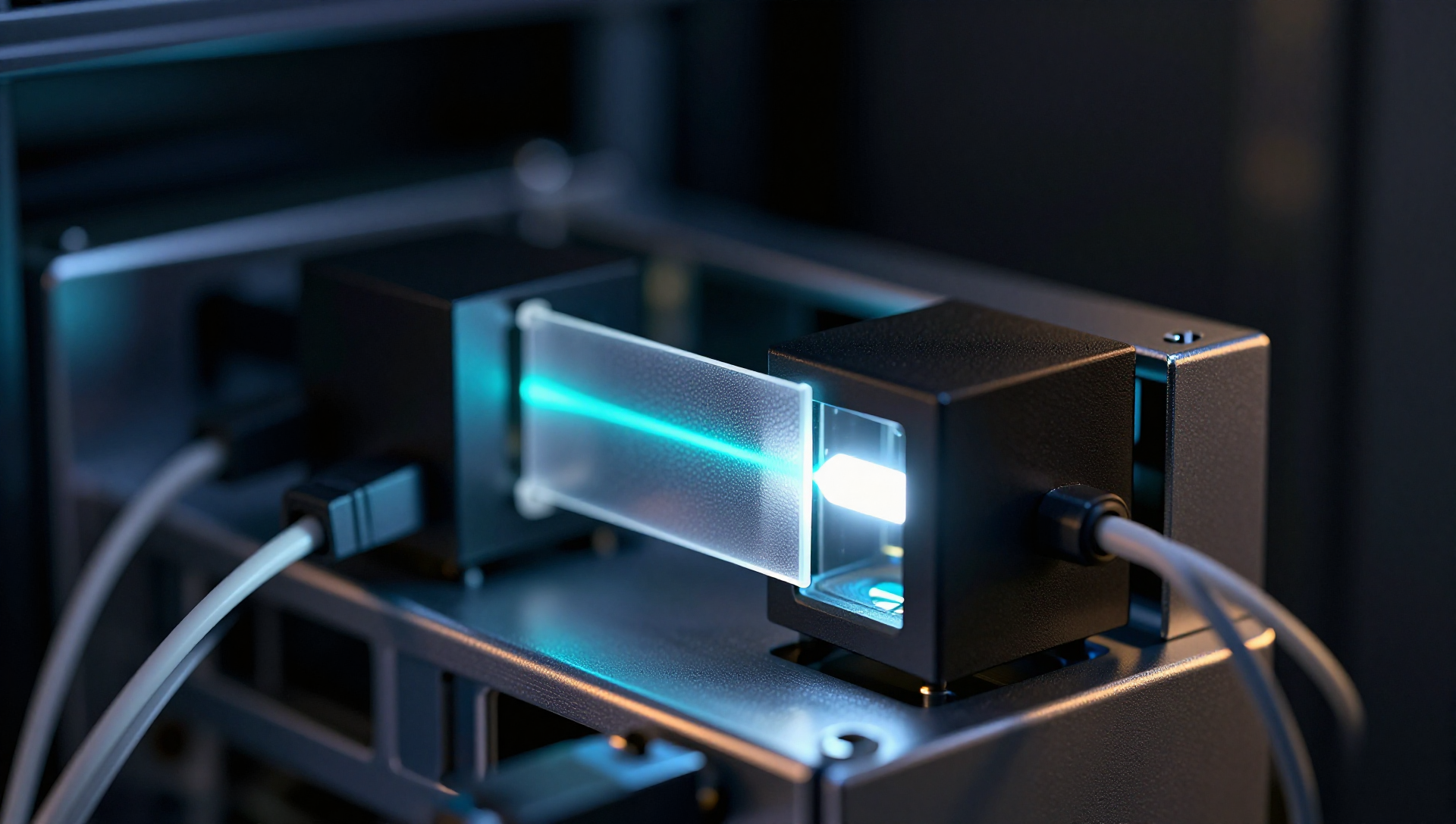 Dark server rack with glowing cyan light passing through a translucent filter between small matte cubes.