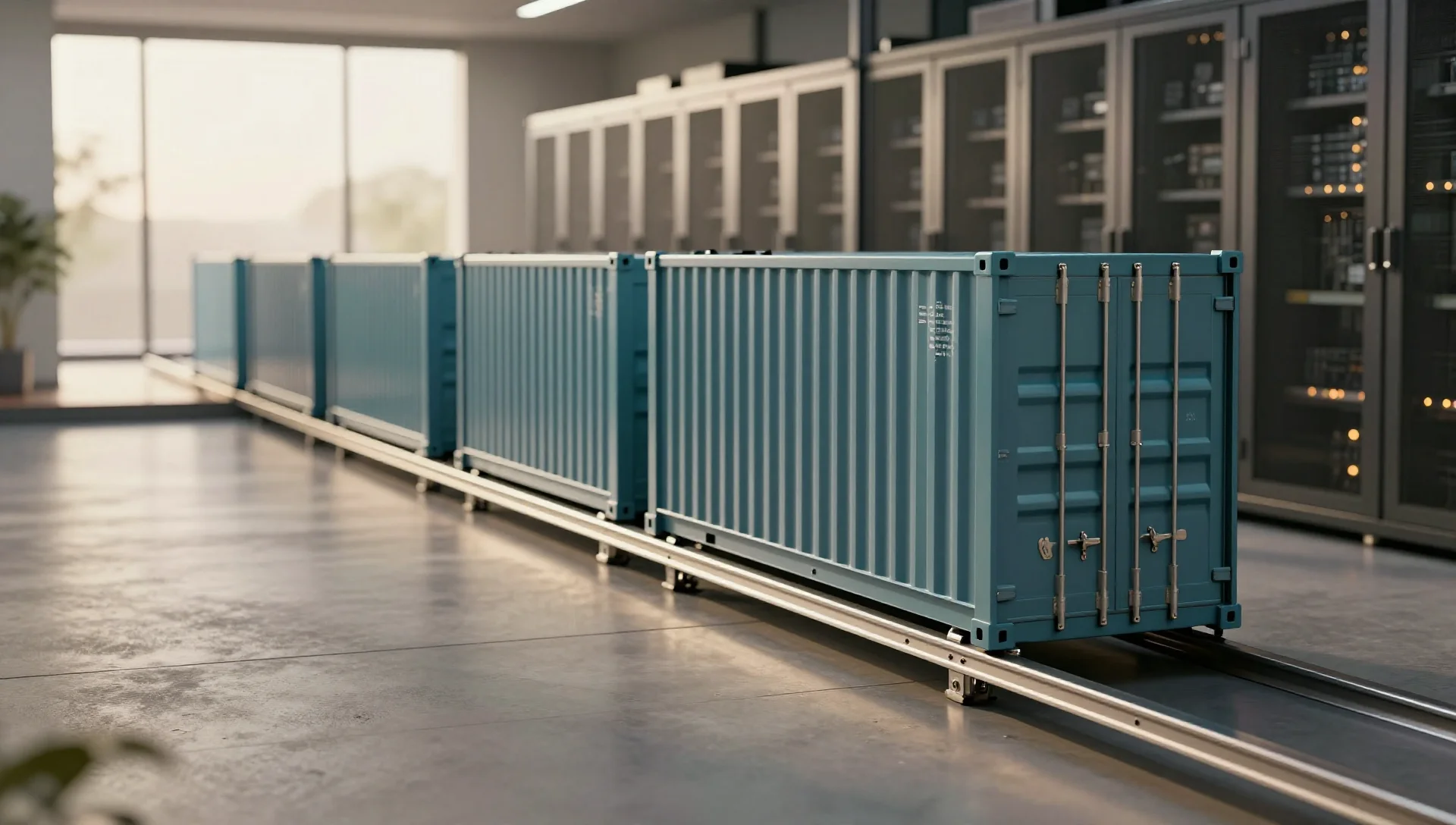 Steel shipping containers gliding from an open platform into a warm server room, symbolizing workload migration.