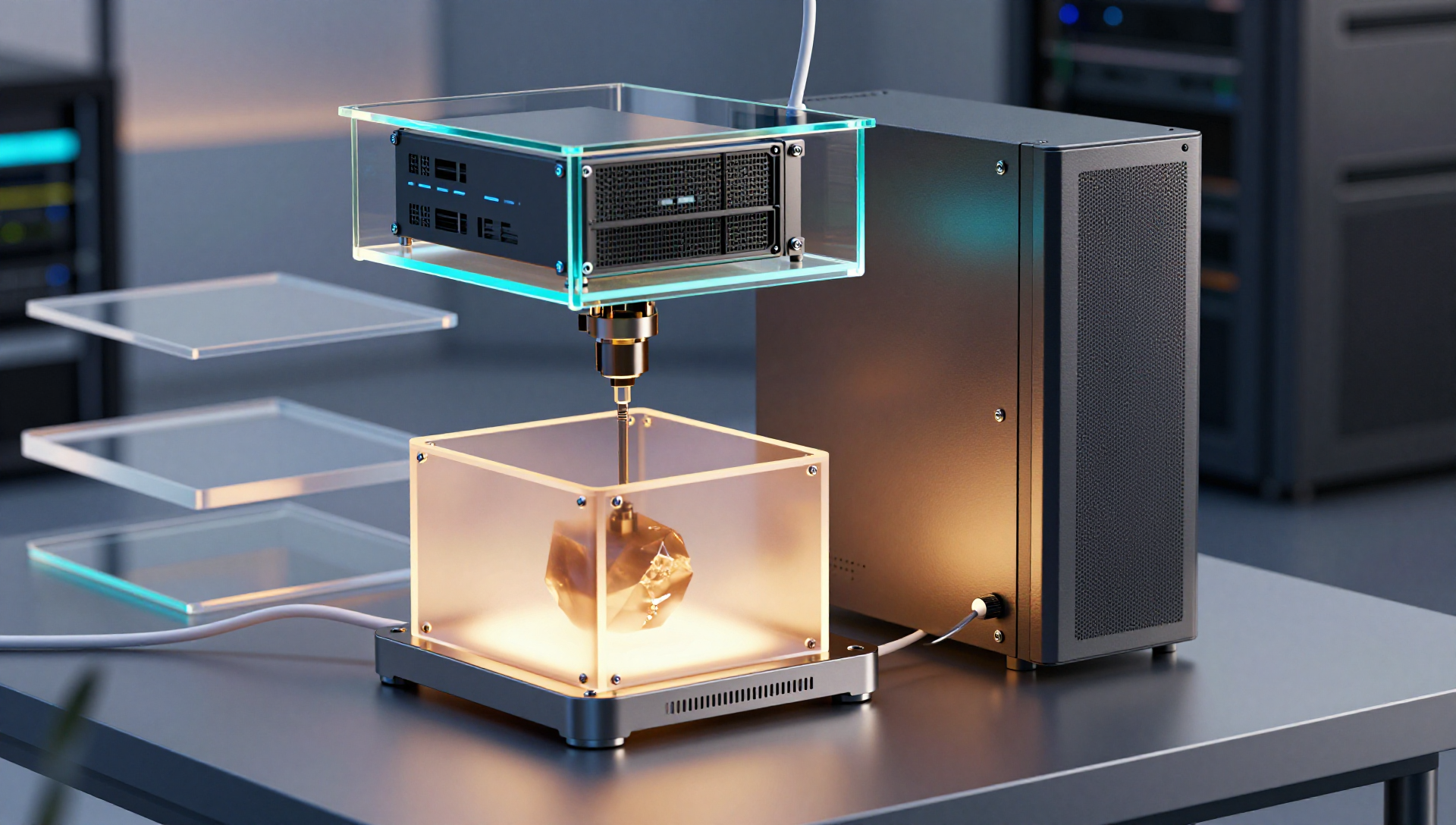 A glass container pod is lifted into a larger crystalline vessel above a server host.