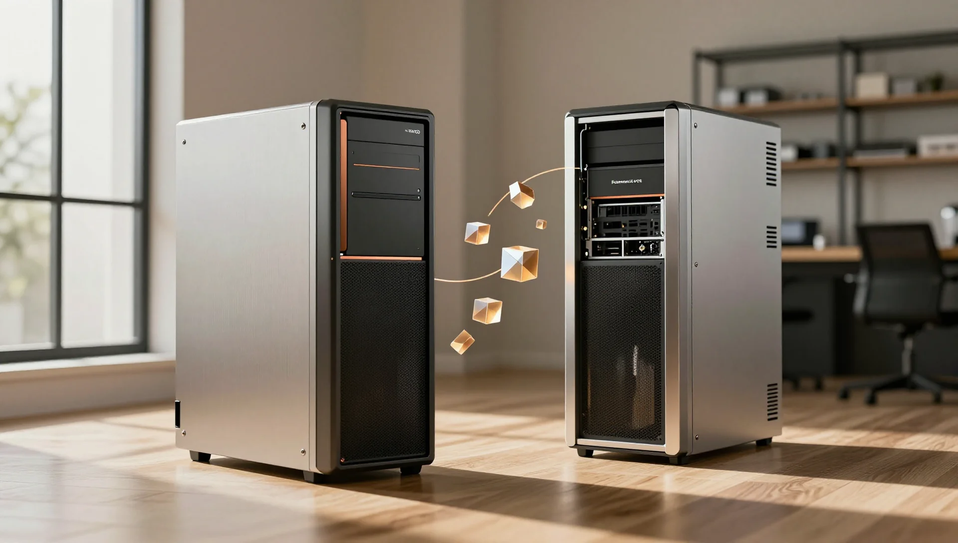 Two server towers connected by floating amber data blocks suggesting a smooth workload migration between systems.