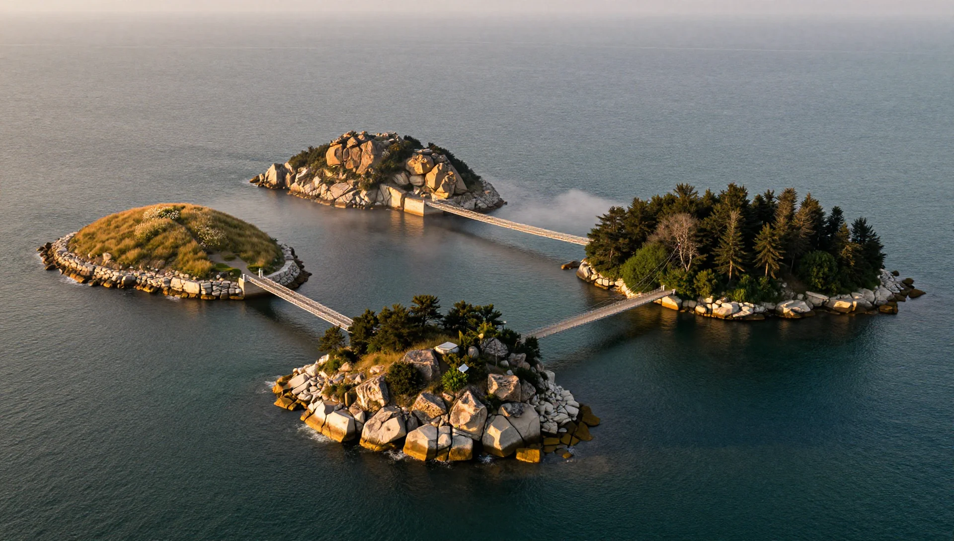 Three separate islands connected by bridges over deep blue ocean represent managing multiple clusters from a unified perspective.