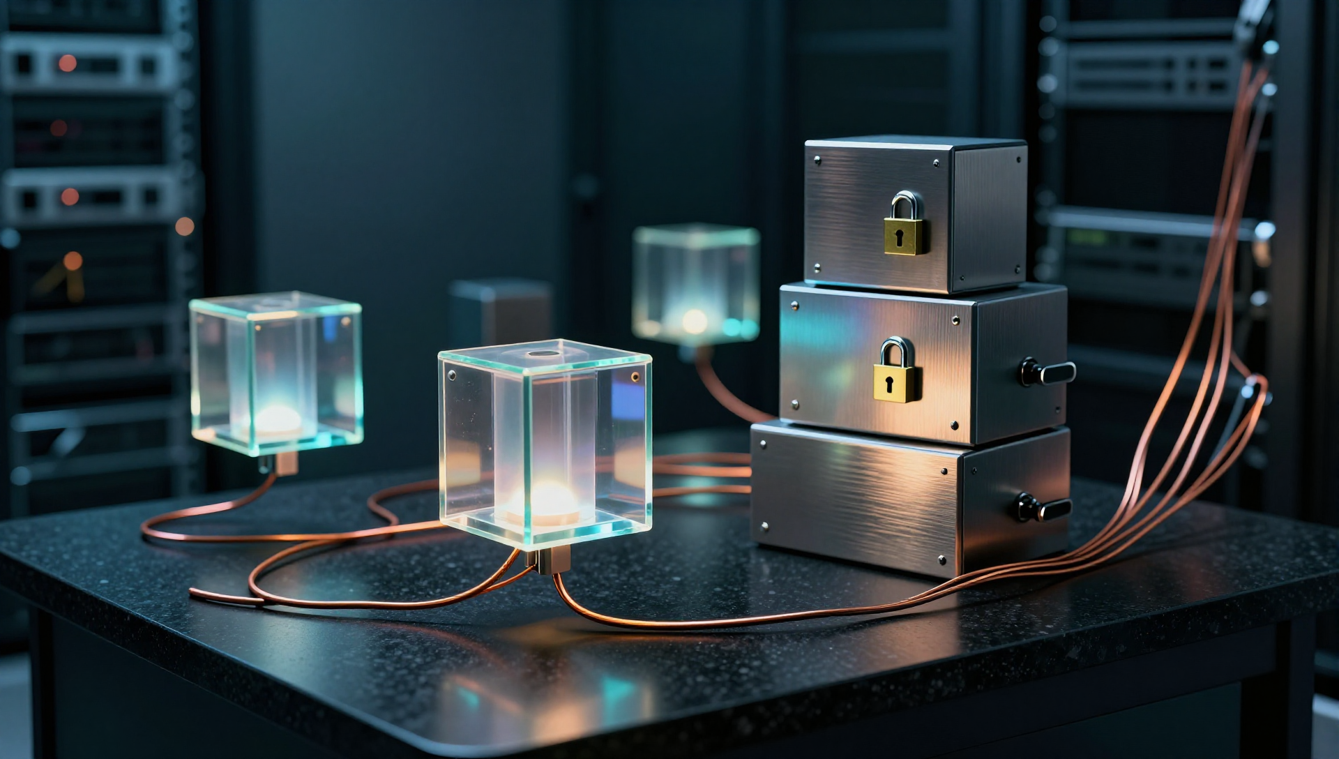 Glass container modules floating in a dim server room near brushed-steel storage cubes and brass locks.