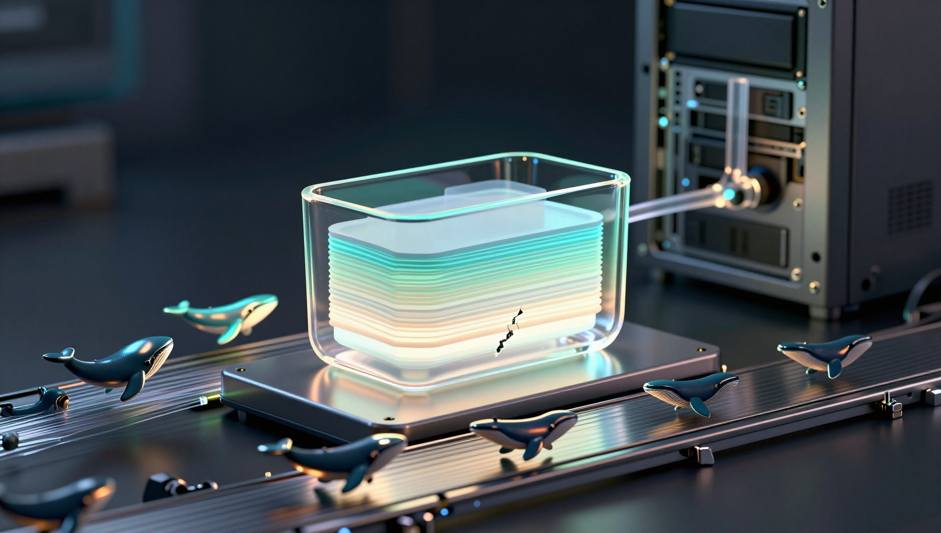 A glass container with glowing layers above a server, missing one layer, with backup light flowing to another node.