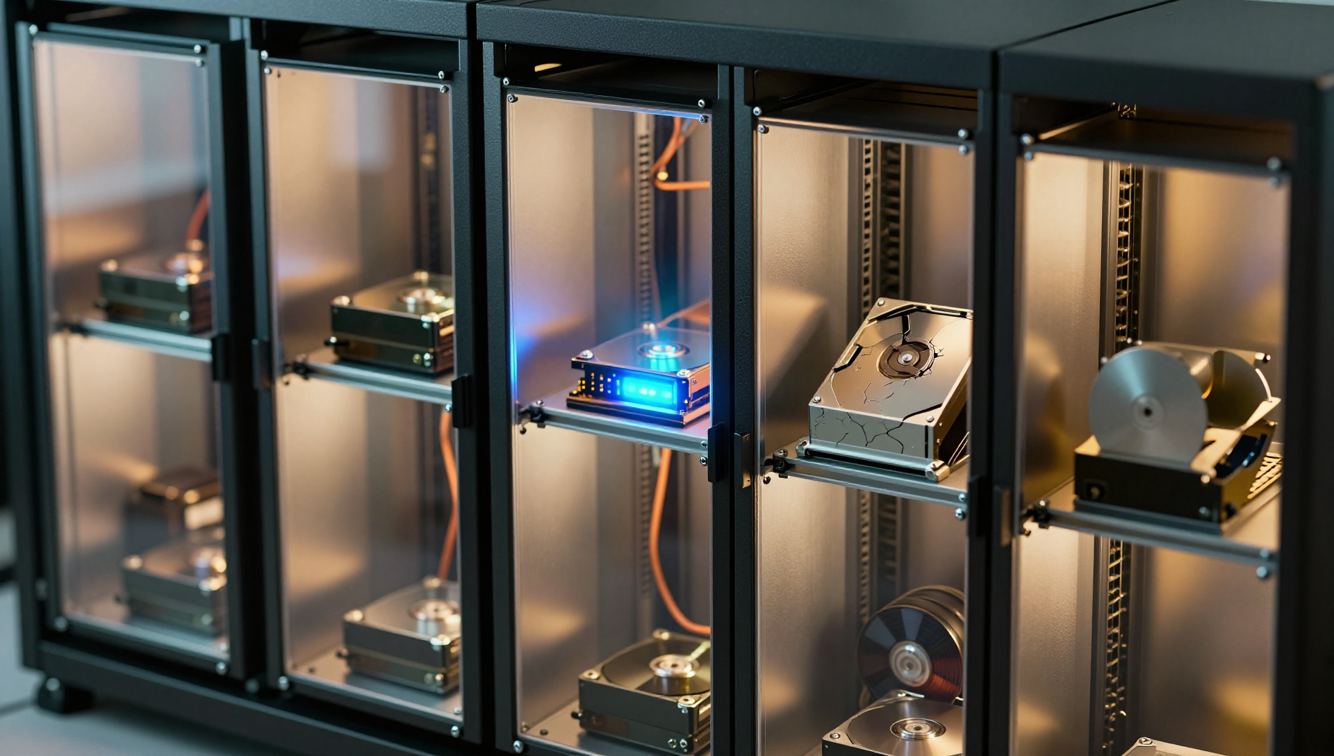 A glass server container rack with amber drives, blue kernel core, and warning hardware details in a dark tech room.