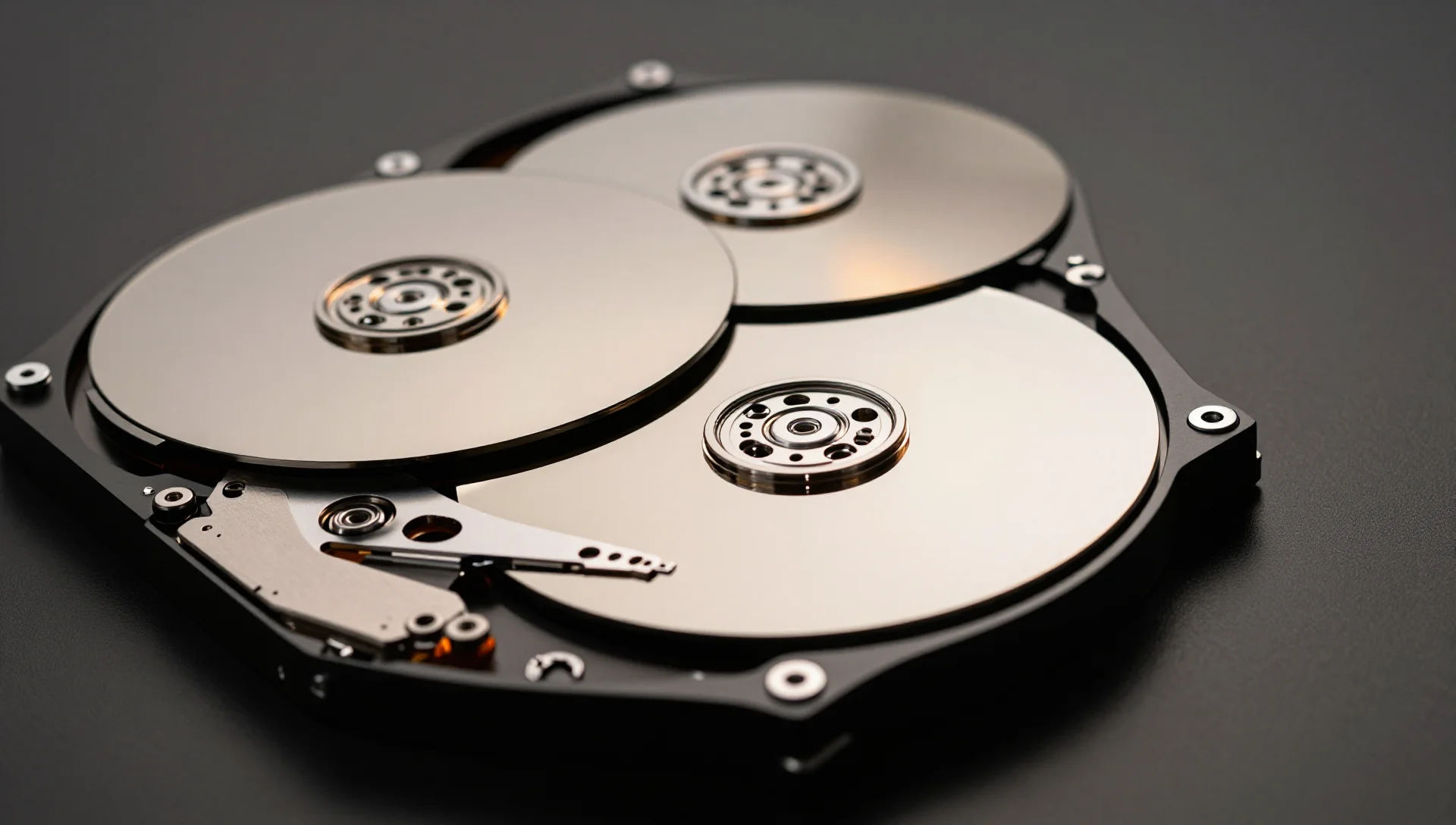 Polished hard disk drives arranged in a circular rack, reflecting soft ambient light.
