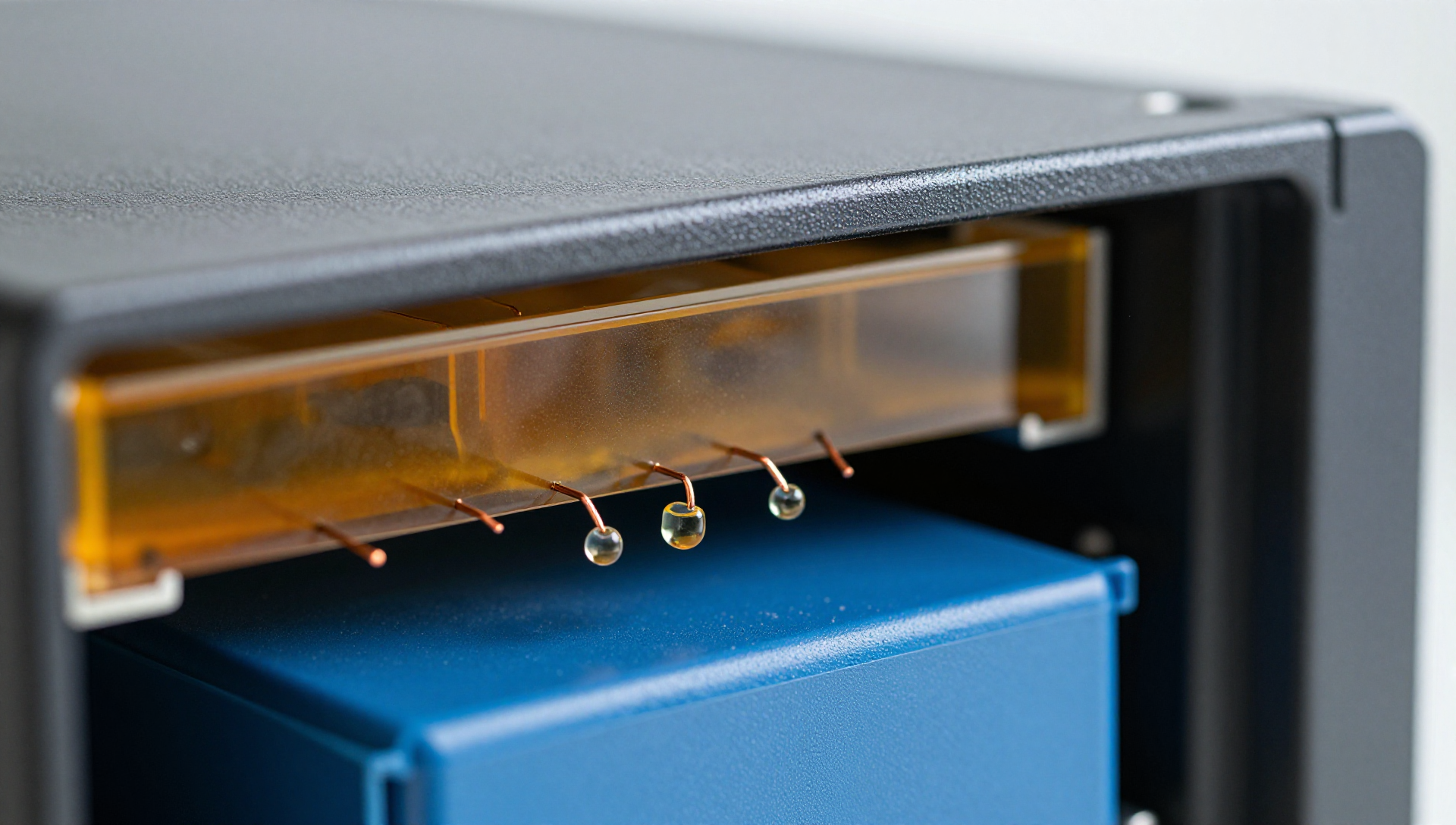 Macro server rack with amber patch panel, copper traces, snapshot capsules, and blue storage cube.