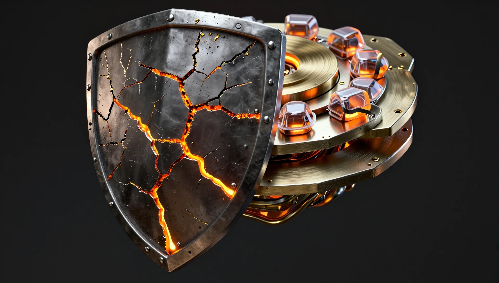 A cracked metal shield sealed with golden sealant, guest pods glowing behind it.