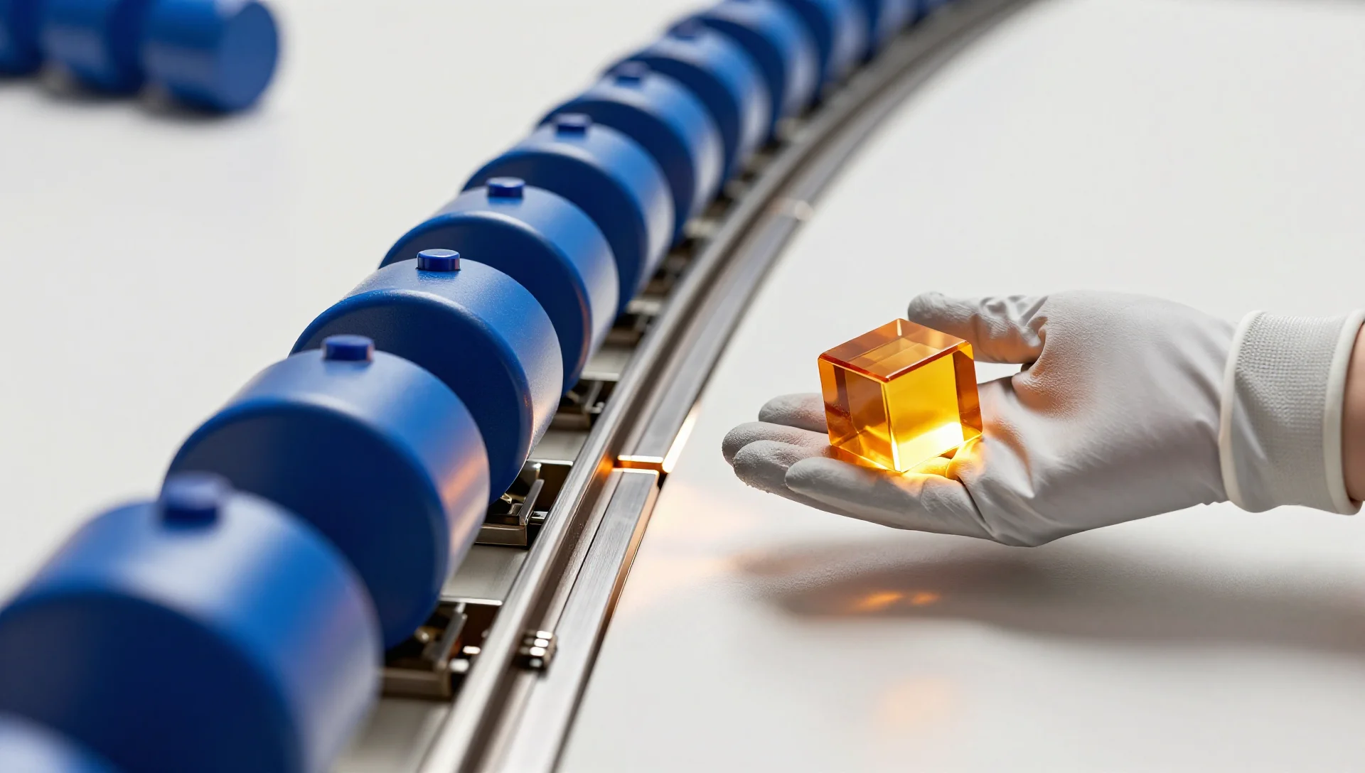 Storage canisters rolling along tracks while cupped hands catch a transferring data block.
