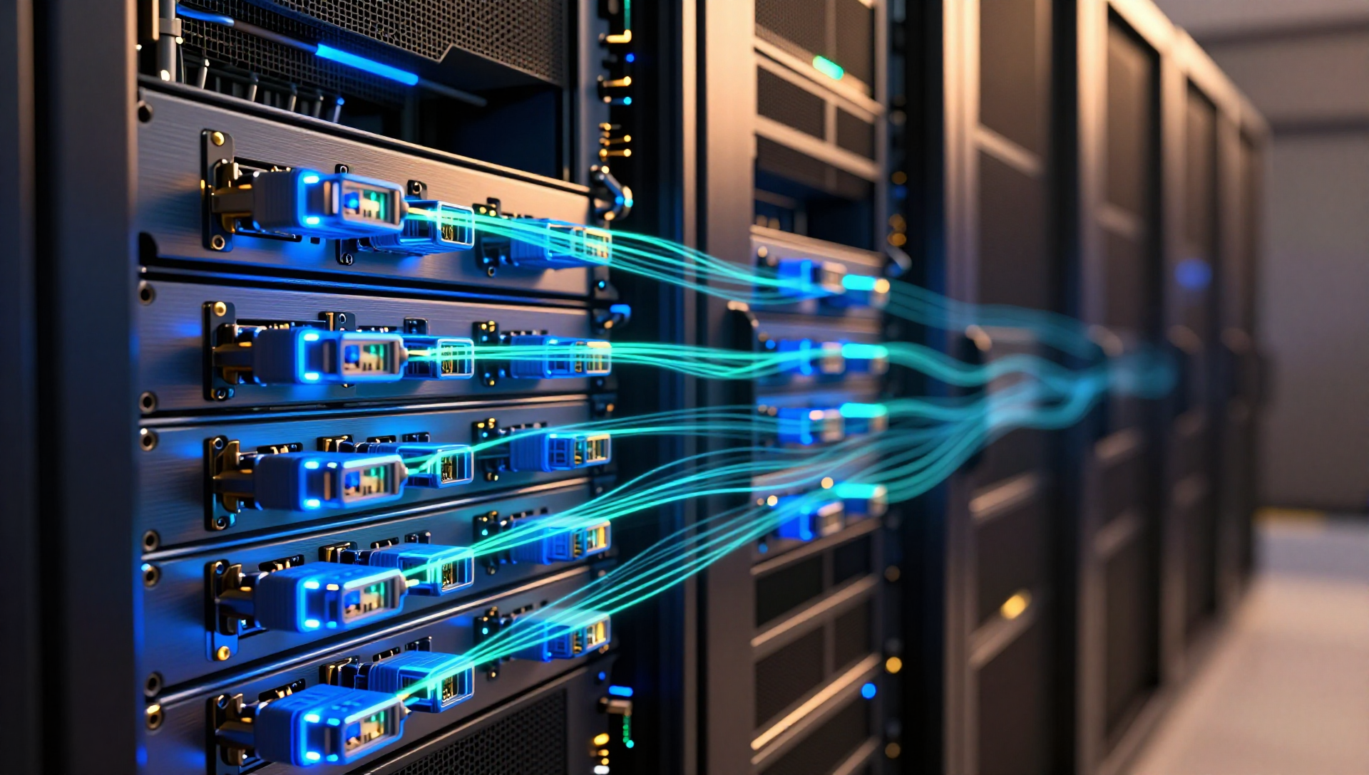 Parallel glowing data streams flowing through a modern brushed-metal storage array in a dim data center.