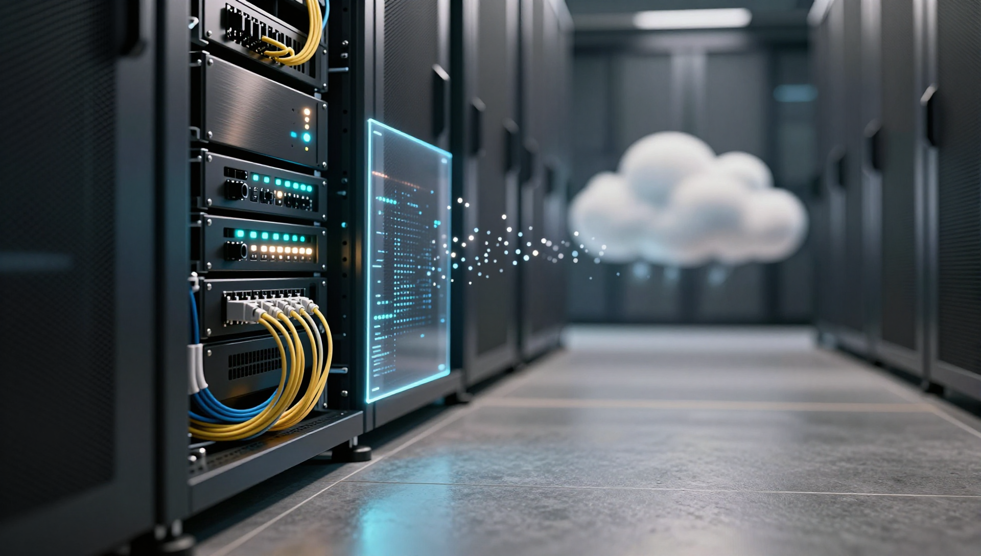 A dark server room with storage racks, glowing cables, and a luminous arc of data particles.