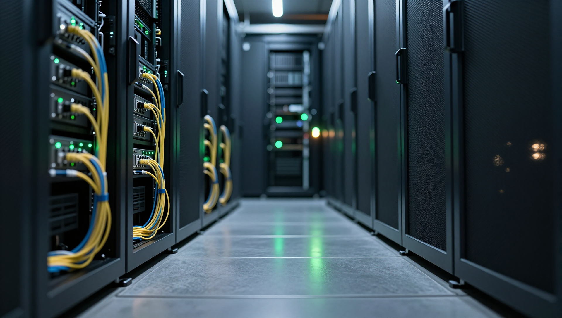 Dark datacenter aisle with storage arrays, glowing fiber cables, green status lights, and one amber warning light.