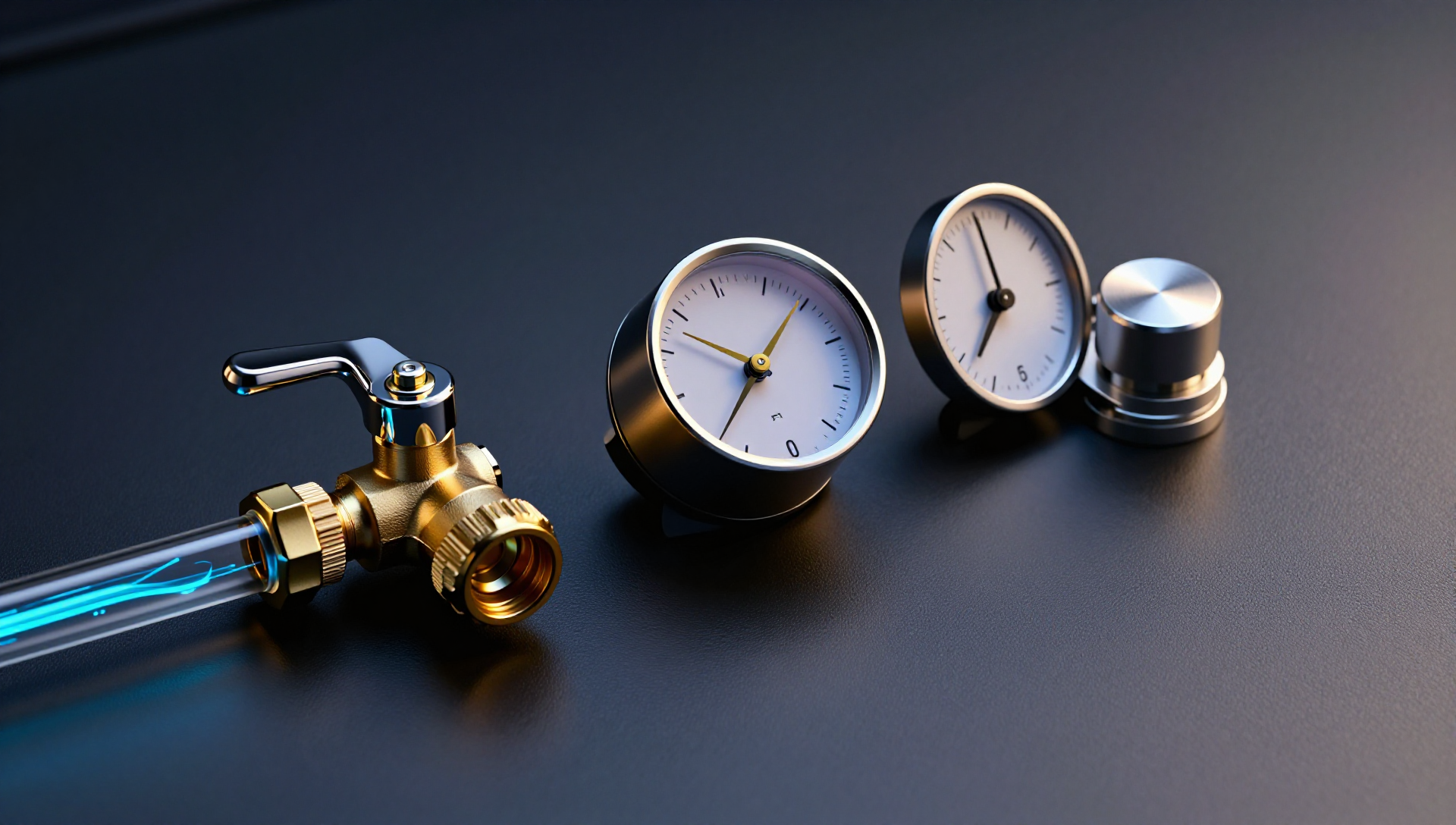 Three brass control instruments on a dark desk throttling, timing and pausing glowing blue data streams.