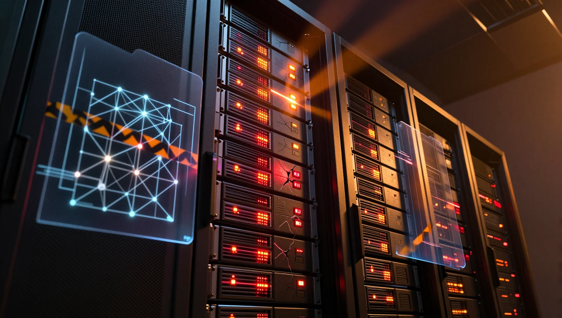 Dark moody data center server rack with glowing drives and warning lights suggesting storage risks.