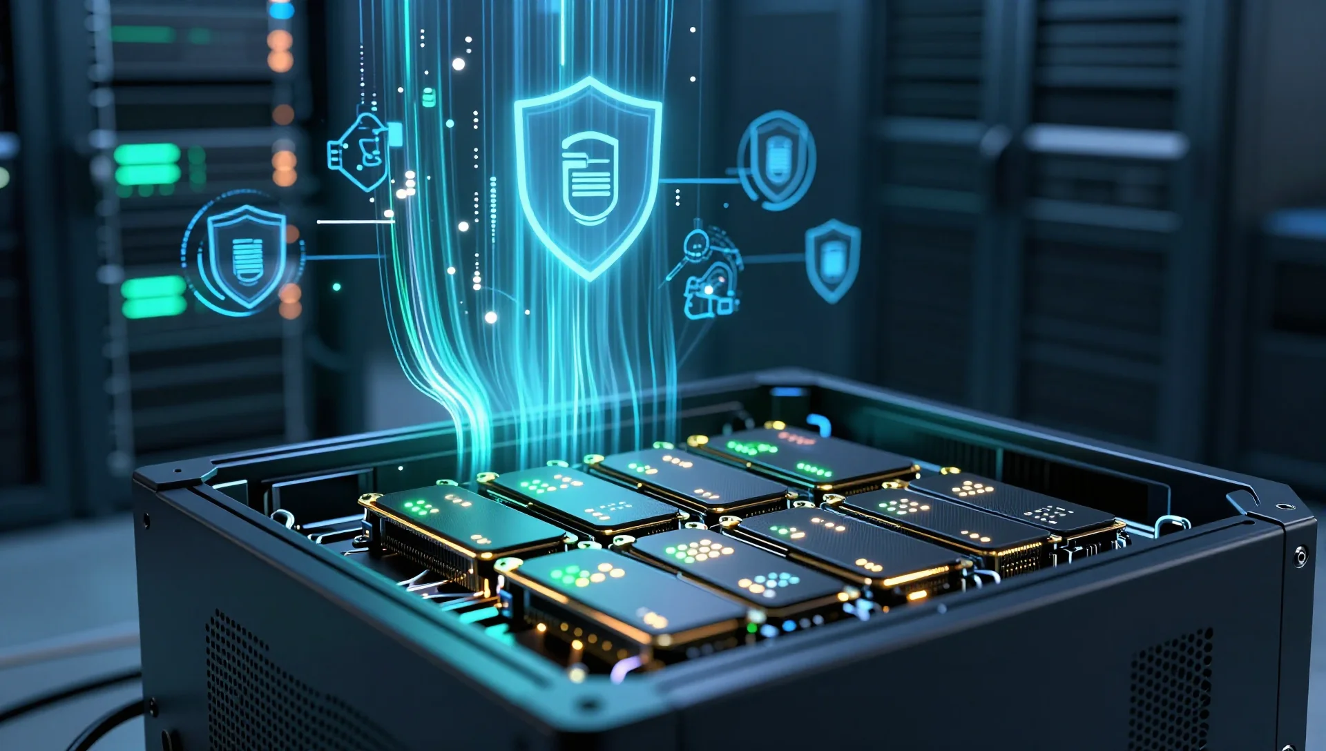 Glowing server hardware with data streams and shield icons representing backup infrastructure.