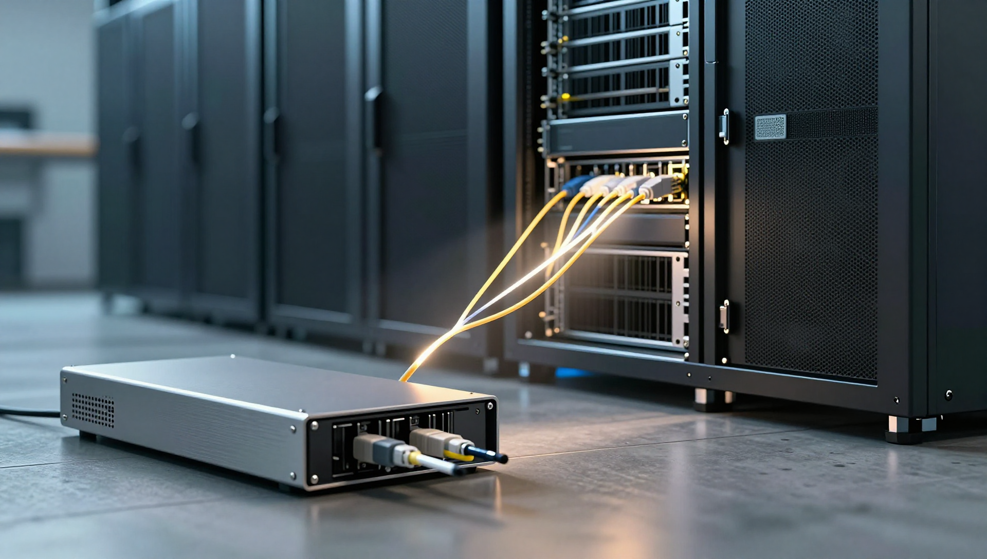 A compact server node connected by glowing fiber to a distant offsite storage array in a clean server room.