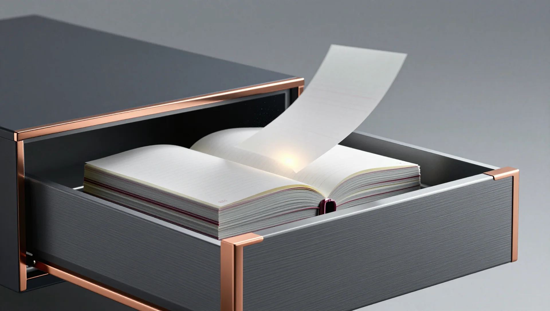 Open server drawer revealing translucent pages illuminated by overhead light