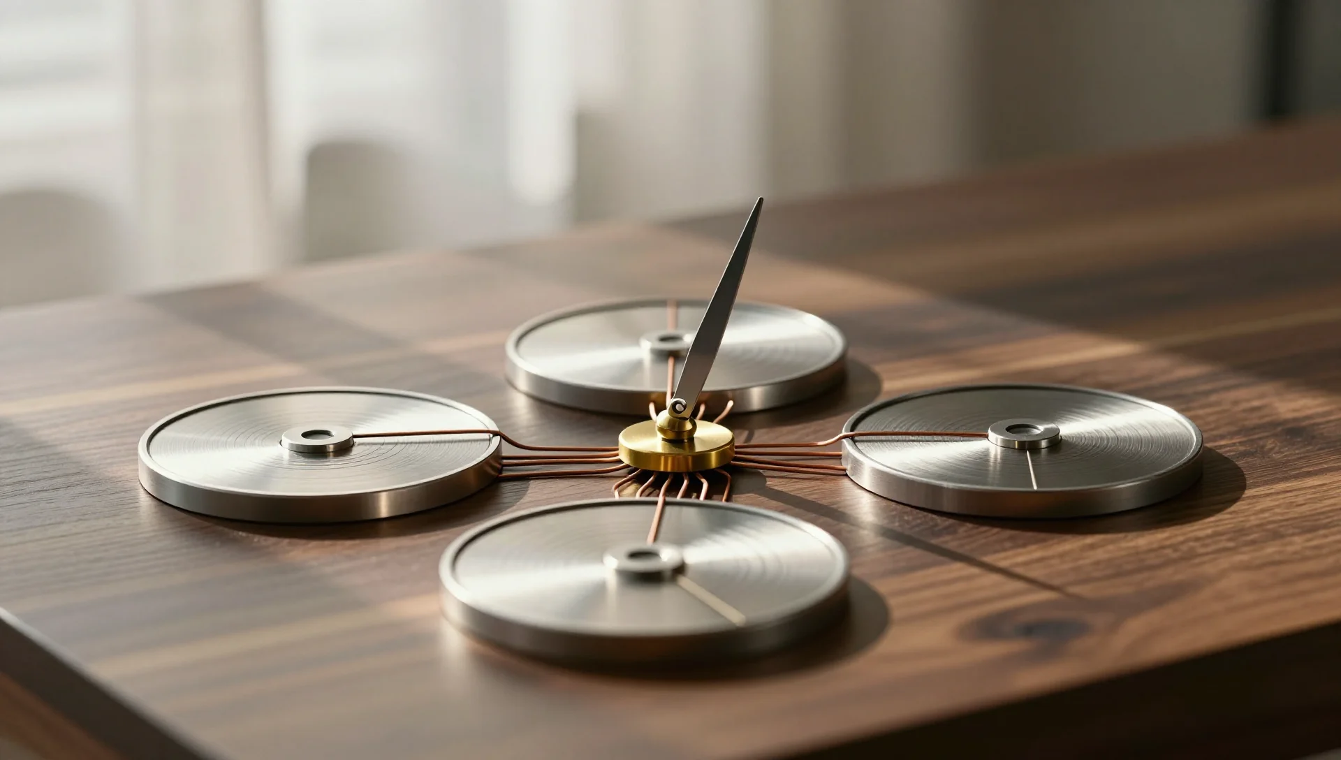 Brass compass and concentric metal rings on dark wood representing multiple managed clusters