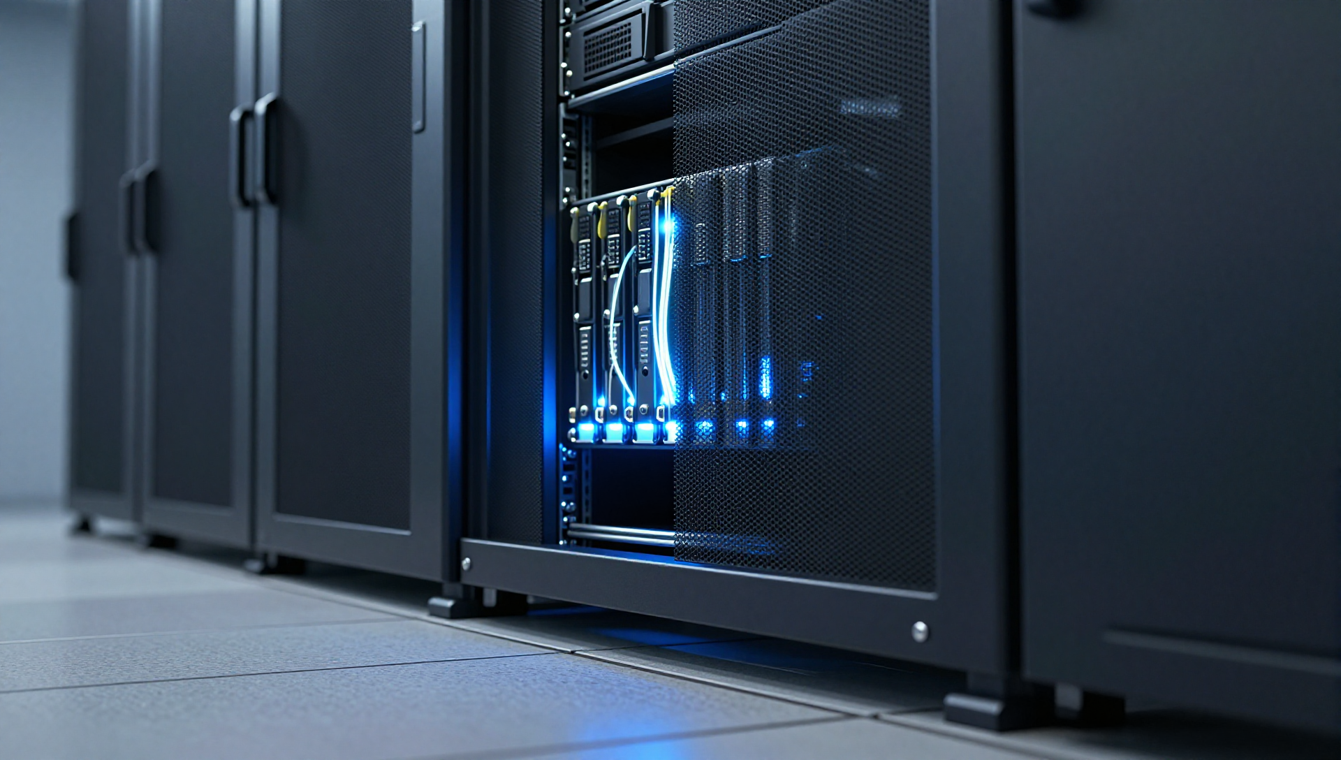 Dark server rack in quiet datacenter corridor with blue light and reflective floor