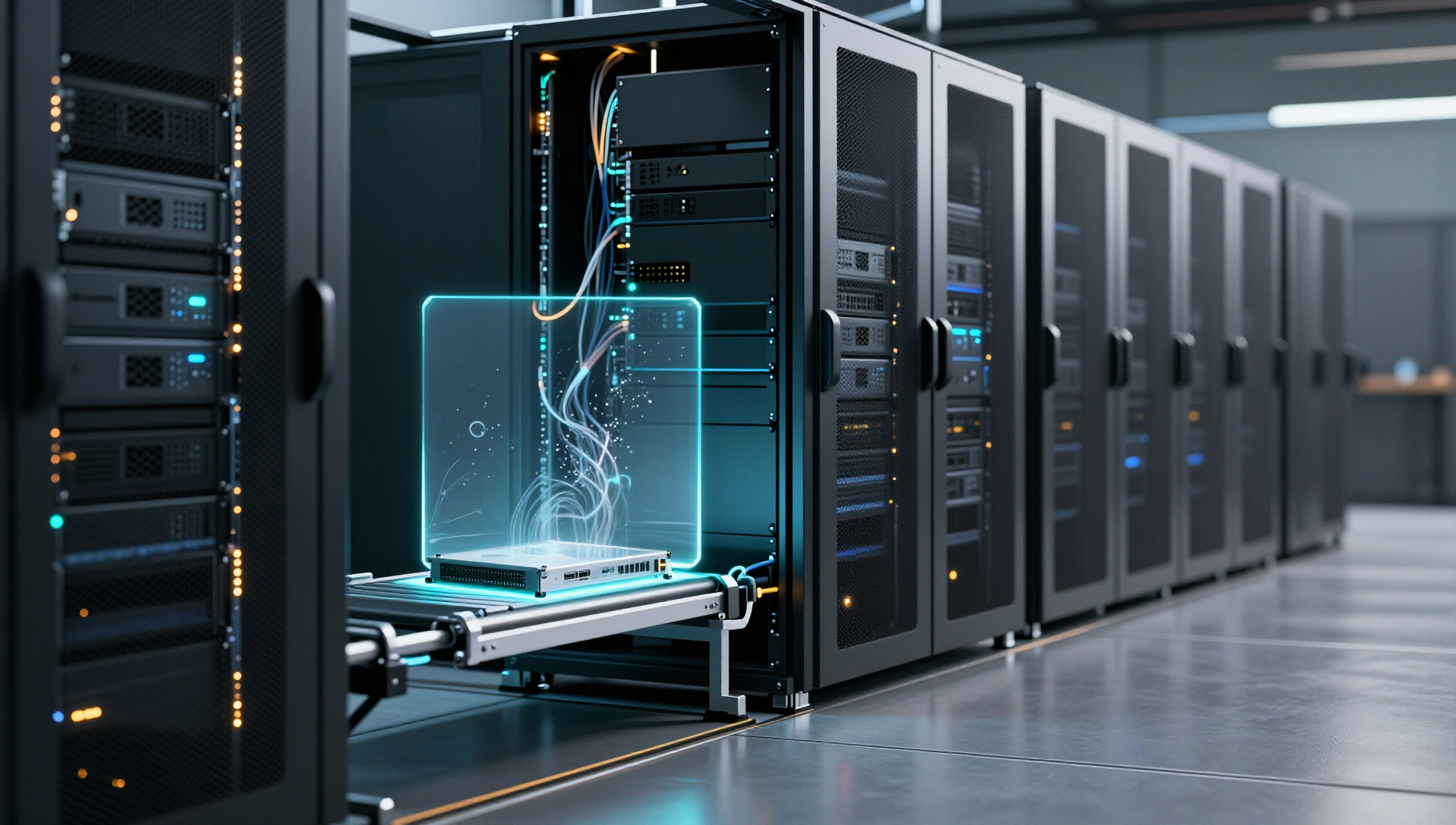 A server node moves into a datacenter rack under cyan and amber light.