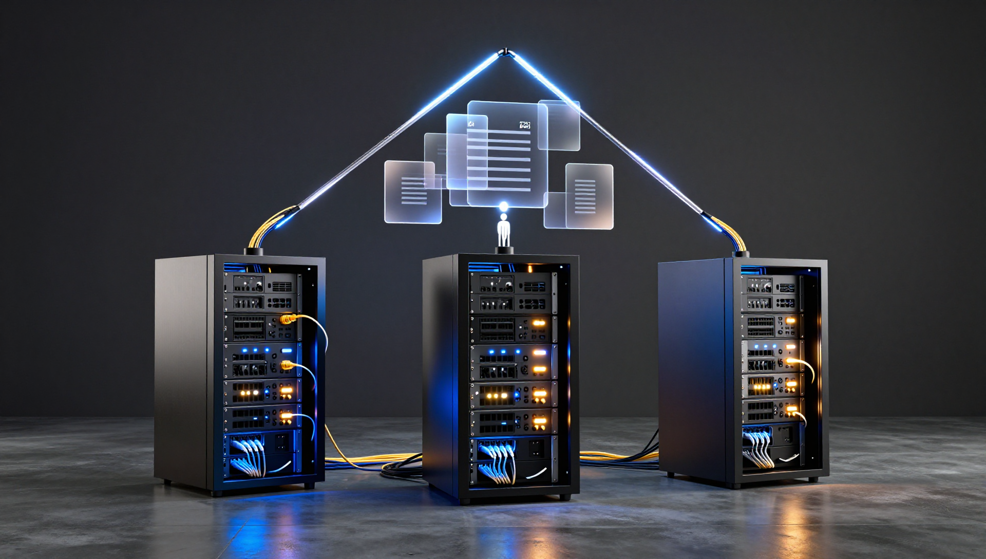 Three glowing server racks connected by luminous cables in a dark homelab studio.