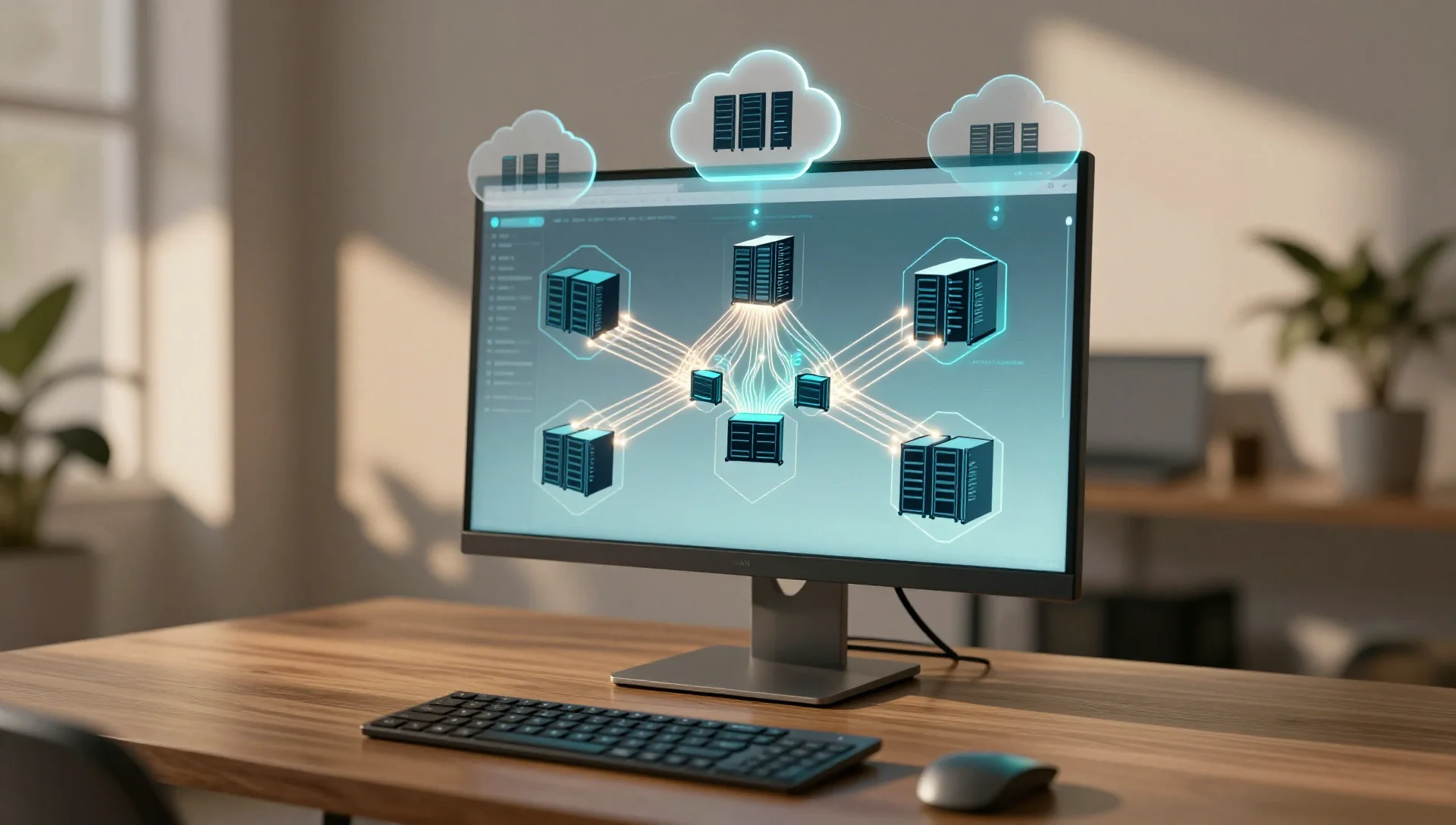 Multiple server clusters connected by glowing lines in an elegant workspace setting