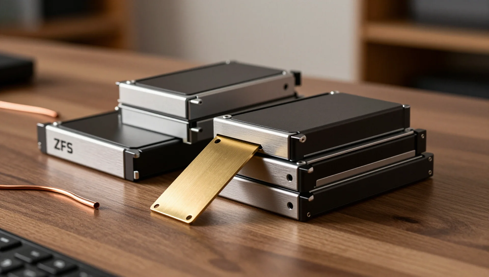 Stacked storage drives arranged on walnut wood with copper accents and warm lighting