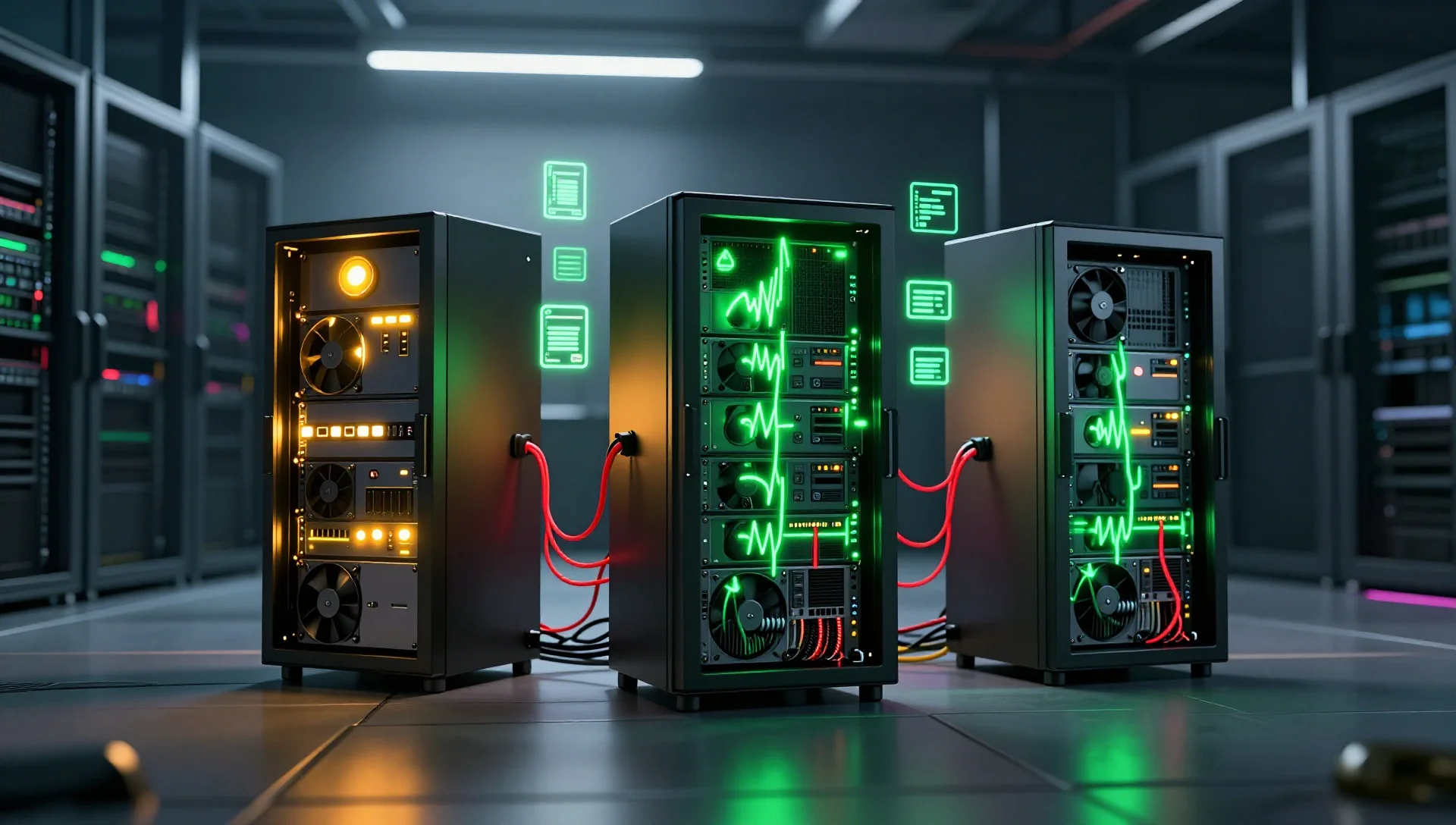 Three server nodes in a cluster with one failing and others taking over its workloads.