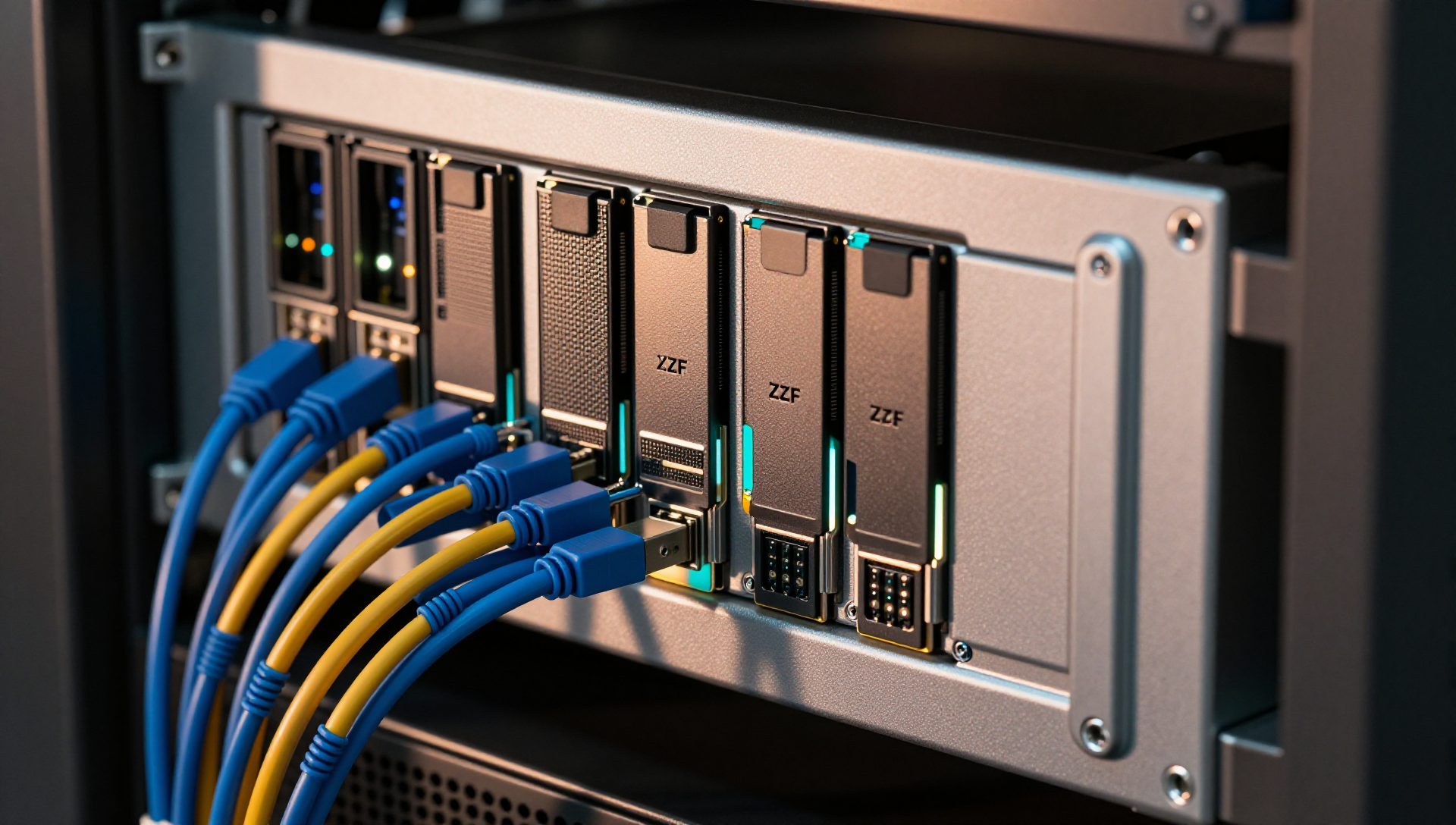 Rows of storage drives in a server chassis connected by coloured cables, lit with warm and cool studio light.