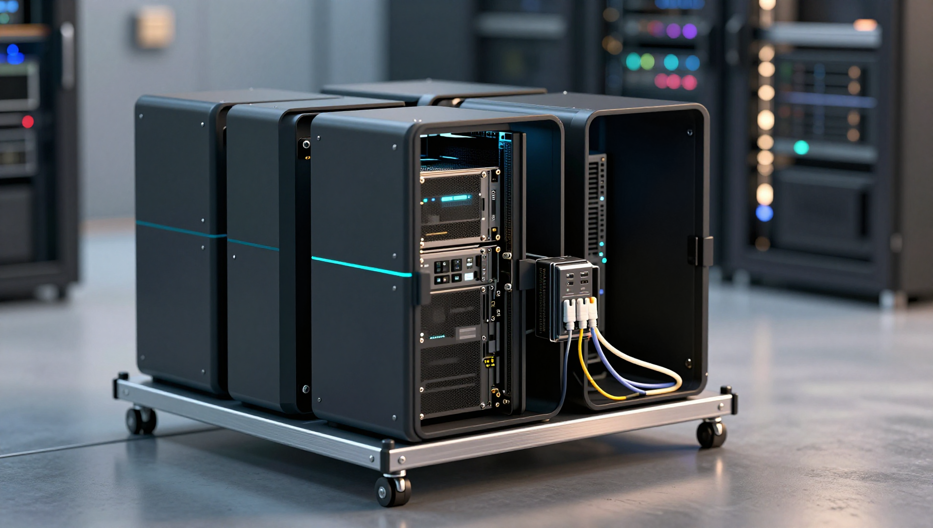Matte black container modules on an aluminum shelf connected by cables to a glowing storage rack in a data center.