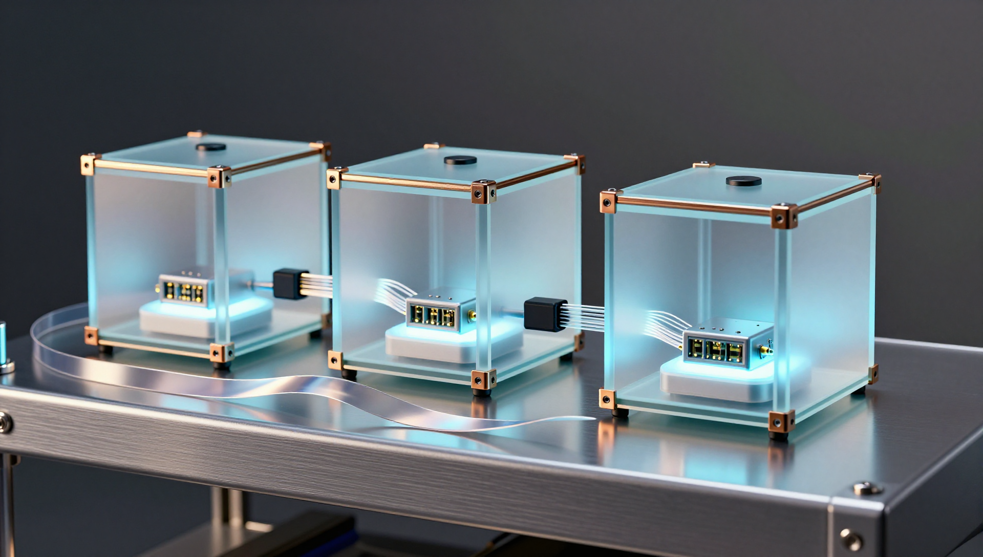 Three frosted glass container cubes on an aluminum shelf with glowing network cores and a silver rollback loop.