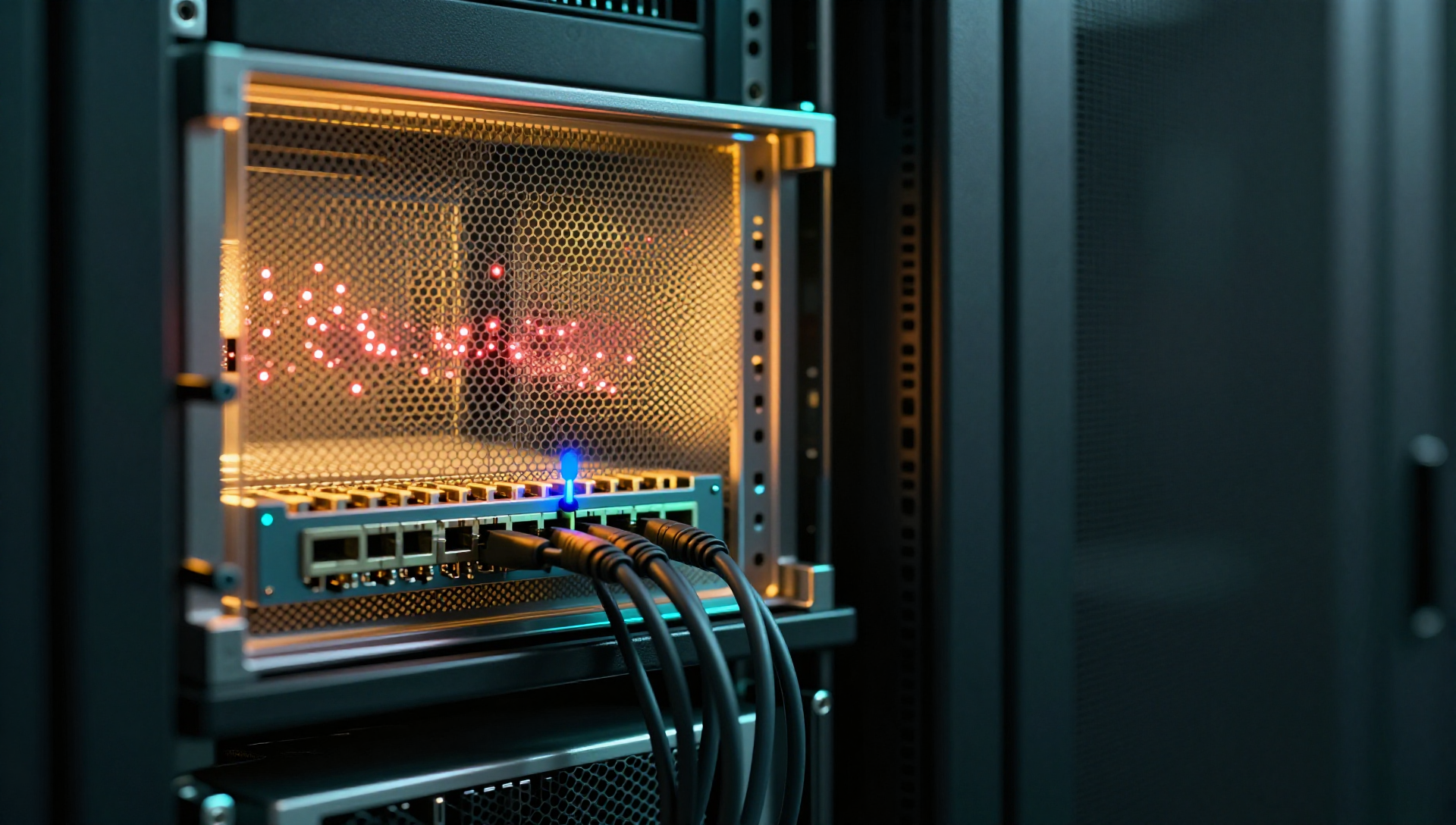 A glowing server container behind a hexagonal firewall barrier with red light specks stopped and a blue pin attached.