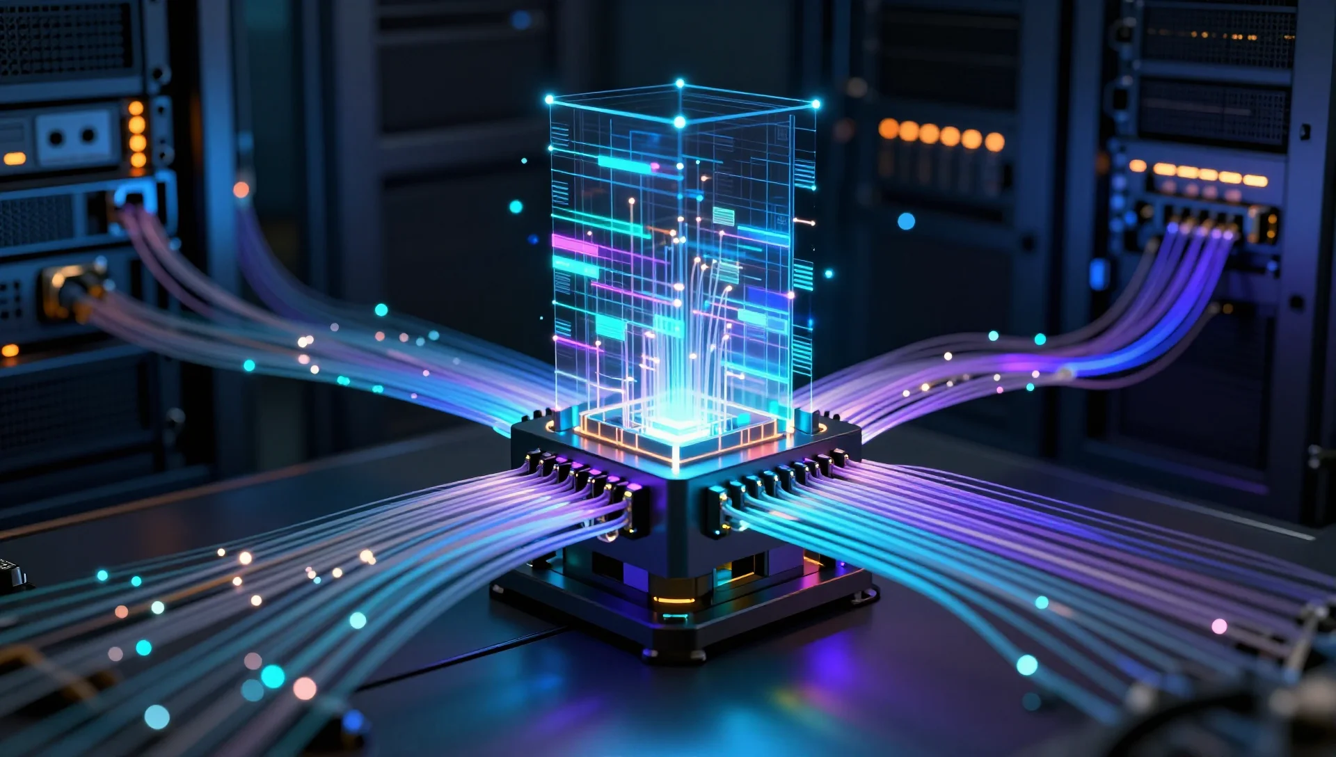 Glowing virtual network switch architecture with color-coded VLAN data streams flowing through dark server hardware.