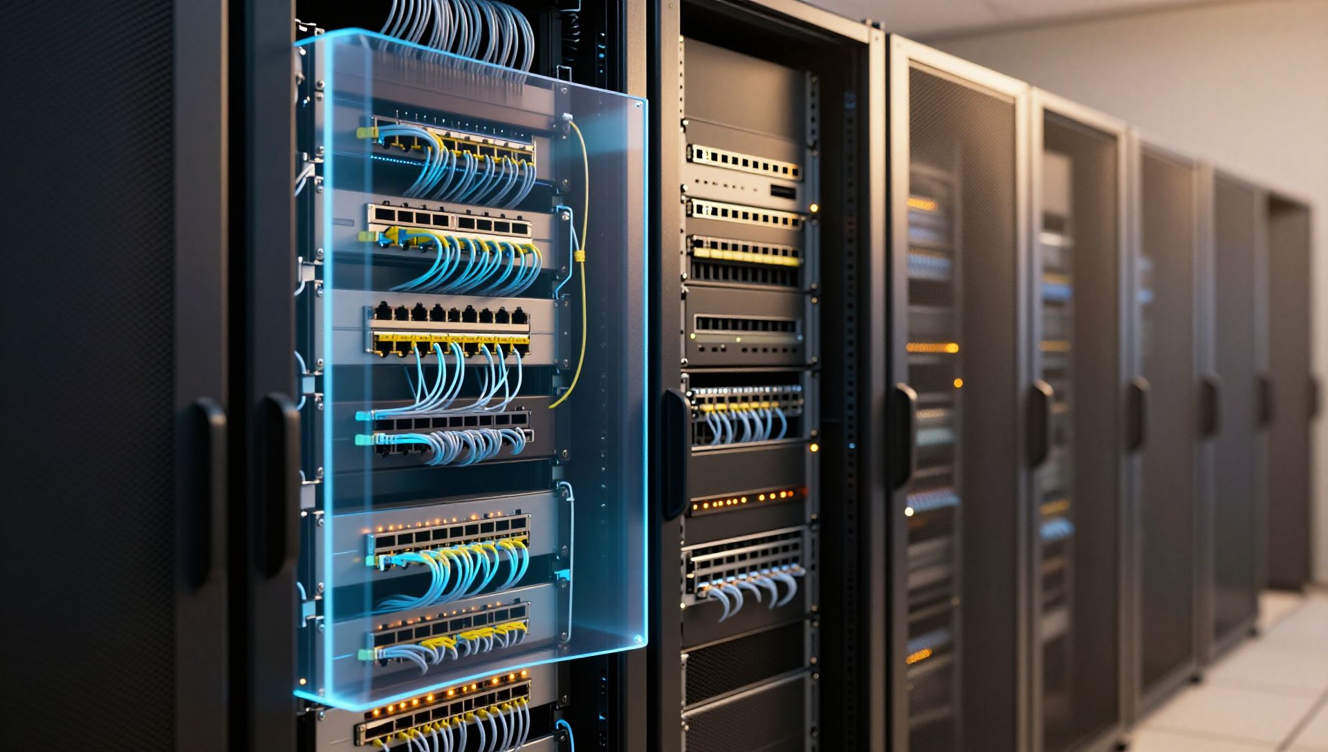 Empty server rack surrounded by blue shield light and neatly coiled fiber cables in a dark room.