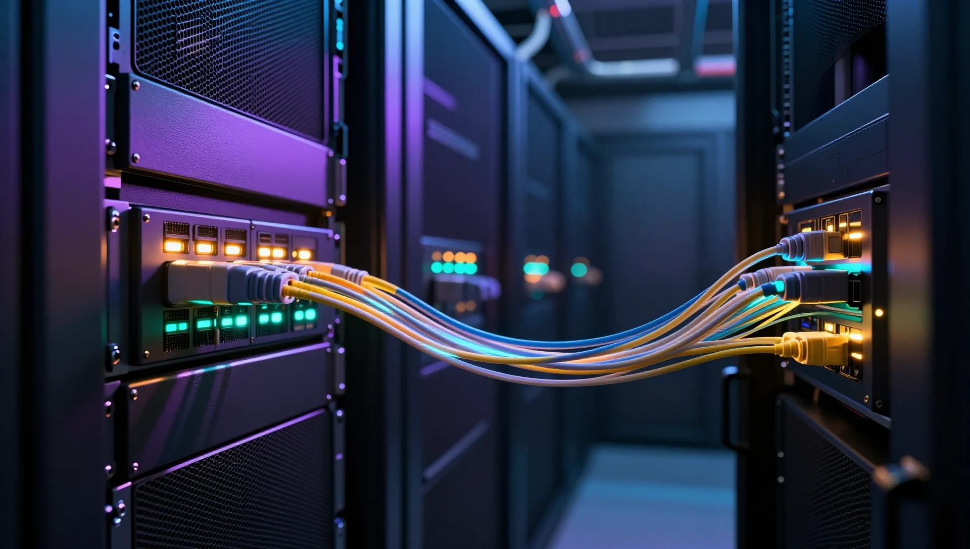 Glowing server rack nodes connected by fiber optic data streams in a dark data center