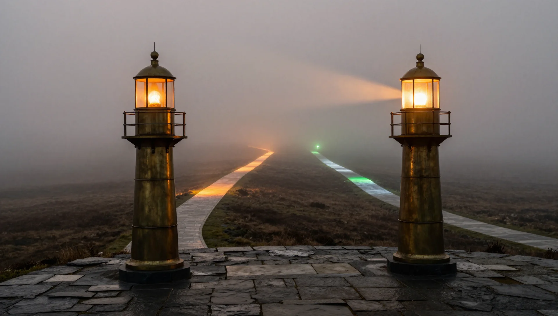 A dim brass lighthouse with three glowing pathways diverging into mist.