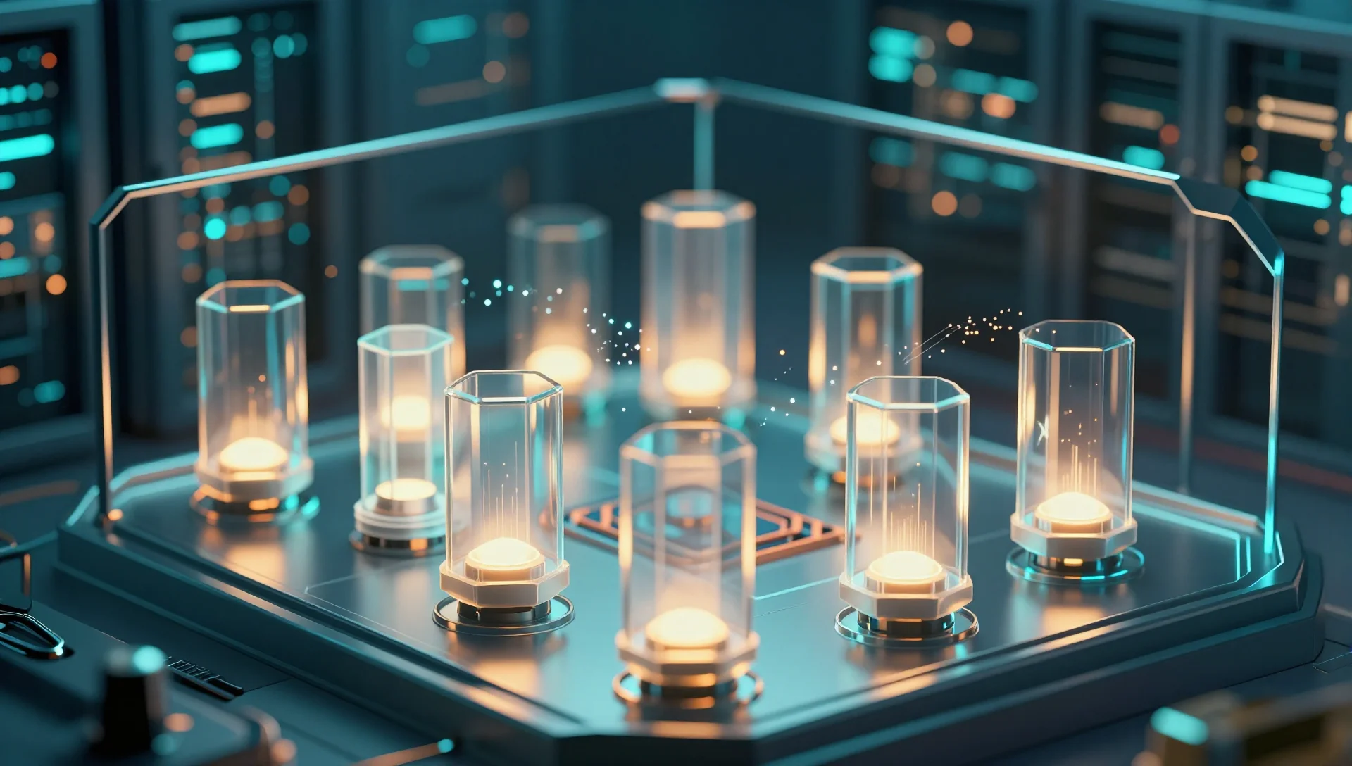 Glowing translucent containers floating in a futuristic dark data center environment.