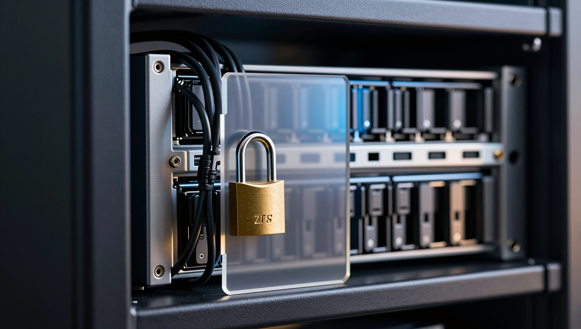 Dark server hardware, padlock, brass key, storage trays, blue and amber studio lighting.
