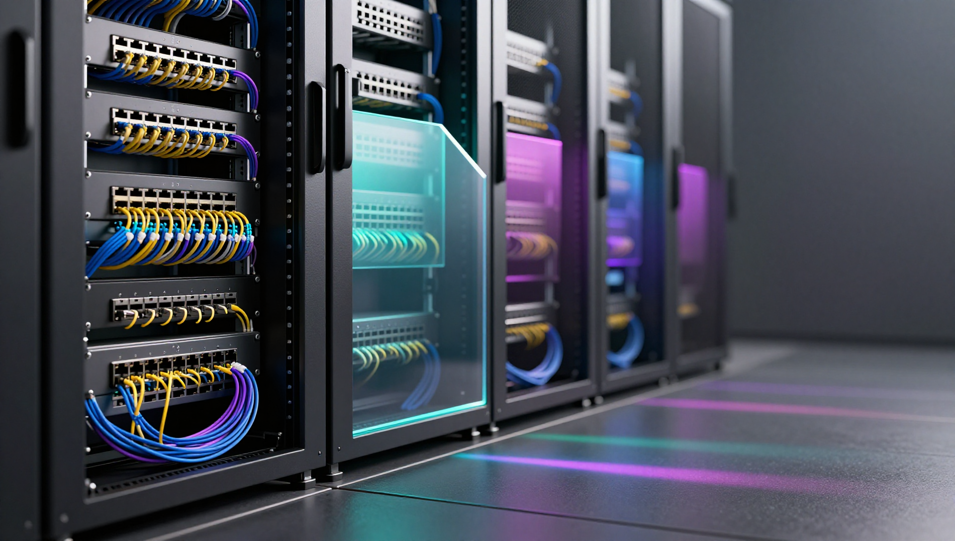 Dark server room with switches, fiber cables, colored glass panels, and subtle light beams.